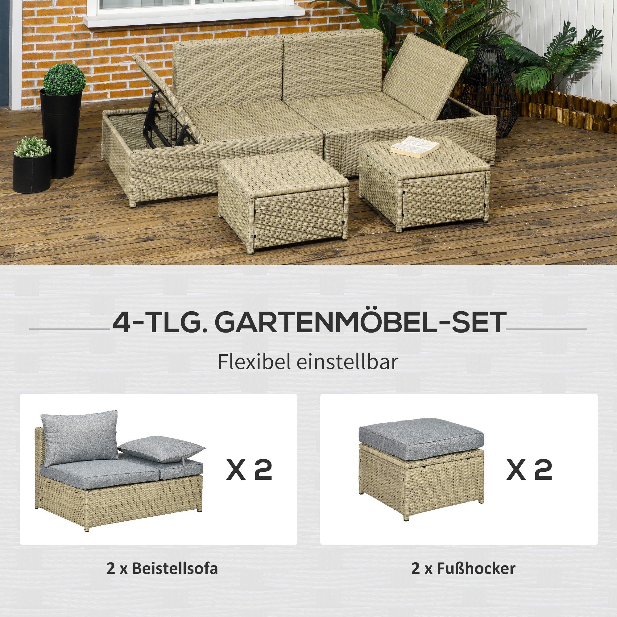 Gartengarnitur Gartenmöbel-Set), (Set, Rattan Outsunny Rattan Gartenmöbel-Set, Kissen Sitzgruppe mit 4-tlg.,