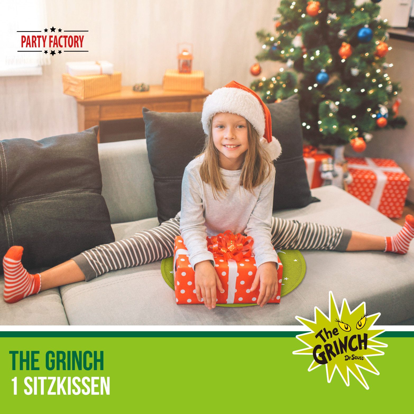 Party Factory Sitzkissen The Grinch Sitzkissen grün – runde Weihnachtsdeko mit Grinch Motiv, The Grinch Motiv
