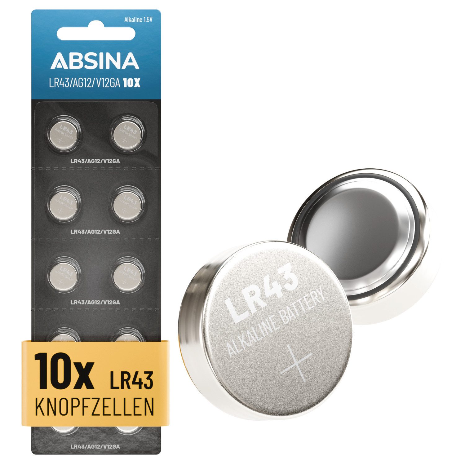 ABSINA 10x AG12 LR43 Batterien Knopfzellen - 1,5V Alkaline Knopfzellen LR43 Knopfzelle, AG12 (1,5 V, 10 St), Temperaturfest von -10°C bis +50°C, langlebig, auslaufsicher