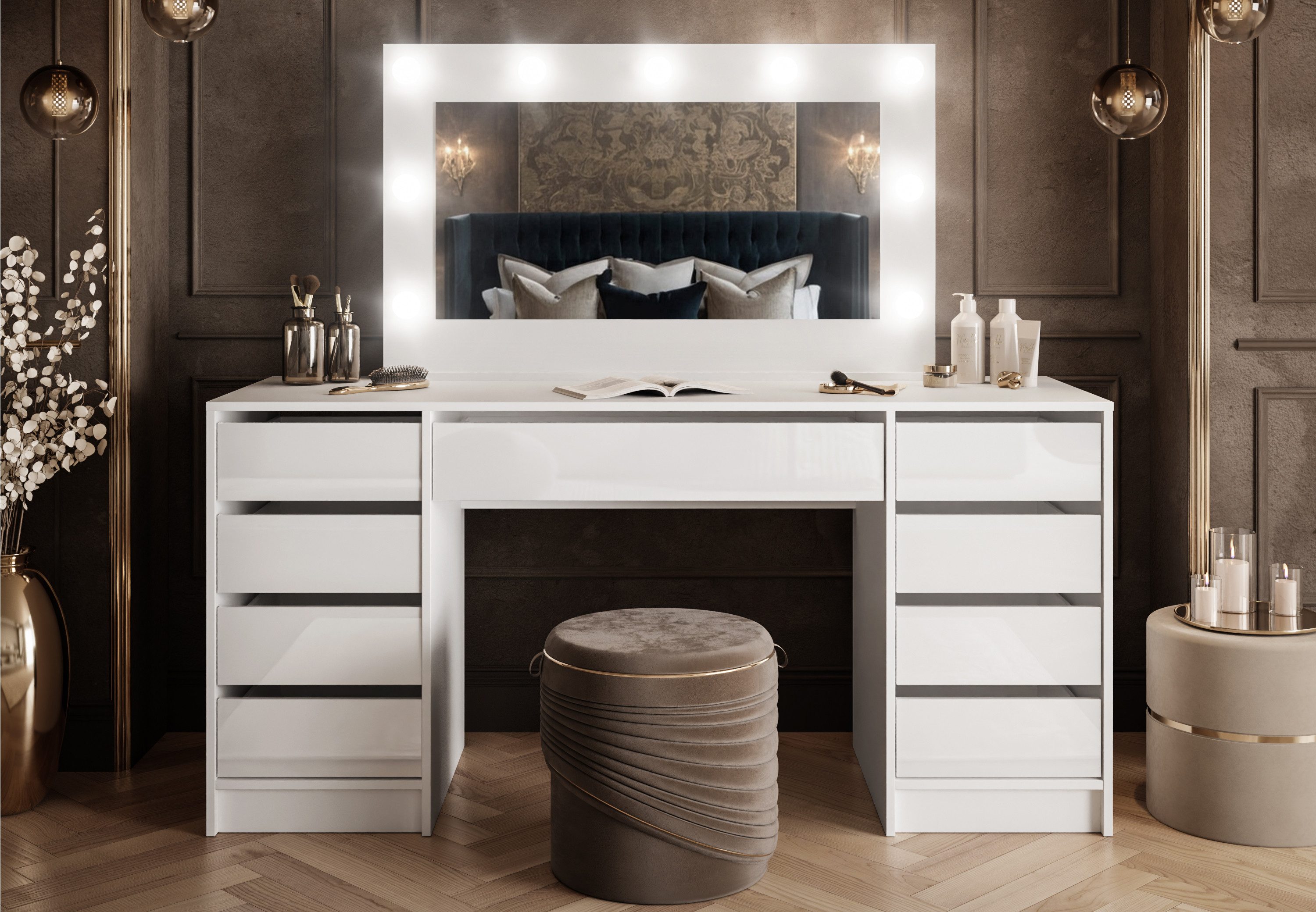 Lookway Schminktisch MADA DOUBLE mit 9 Schubladen und Spiegel mit LED (Schreibtisch mit Spiegel und LED-Beleuchtung), Breite: 152 cm
