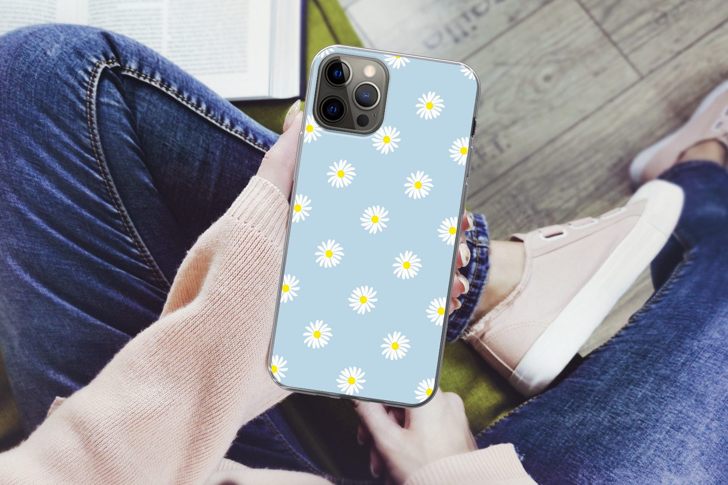 MuchoWow Handyhülle für Apple iPhone 13 Pro Max Gänseblümchen - Pastell - Weiß - Blau - Bl, Smartphone-Bumper, Print, Handy Schutzhülle Dünn