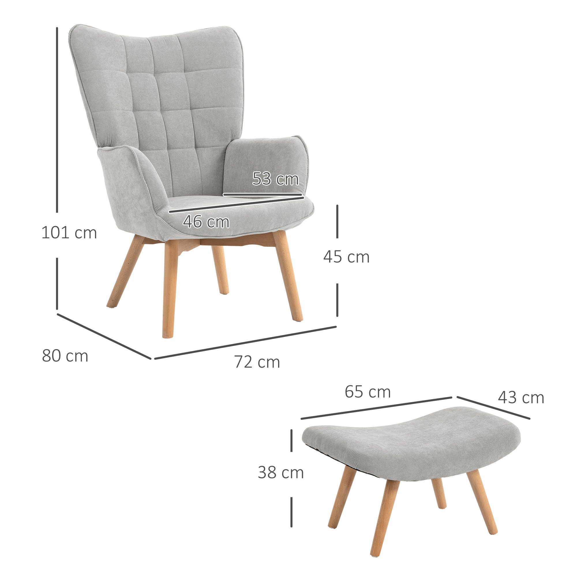 HOMCOM Relaxsessel Ohrensessel mit Hocker, Polstersessel in Cord-Optik (Loungesessel, 2-St., Armlehnstuhl), für Wohnzimmer, Grau