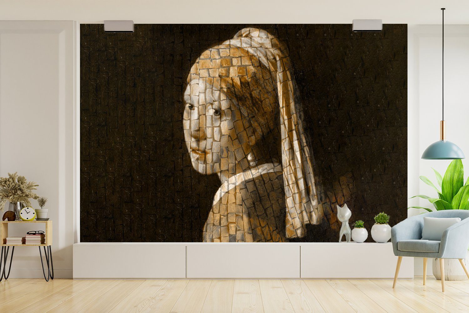 MuchoWow bedruckt, Vinyl - (6 St), Tapete - Mädchen Mosaik, Perlenohrring Wallpaper für Fototapete Wohnzimmer, Vermeer Schlafzimmer, Matt, Kinderzimmer, mit