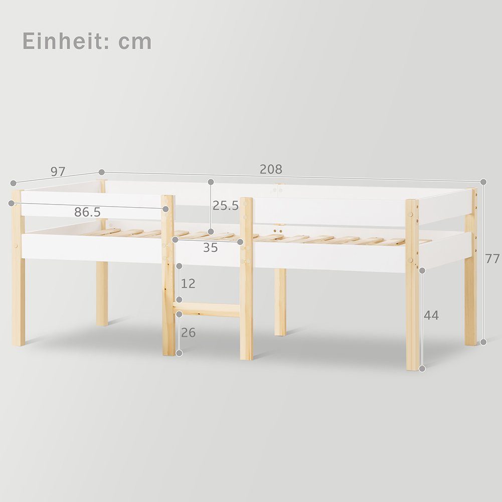 Hochbett inklusive Rausfallschutz, Lattenrost und Holzleiter, Kiefer, 90x200cm