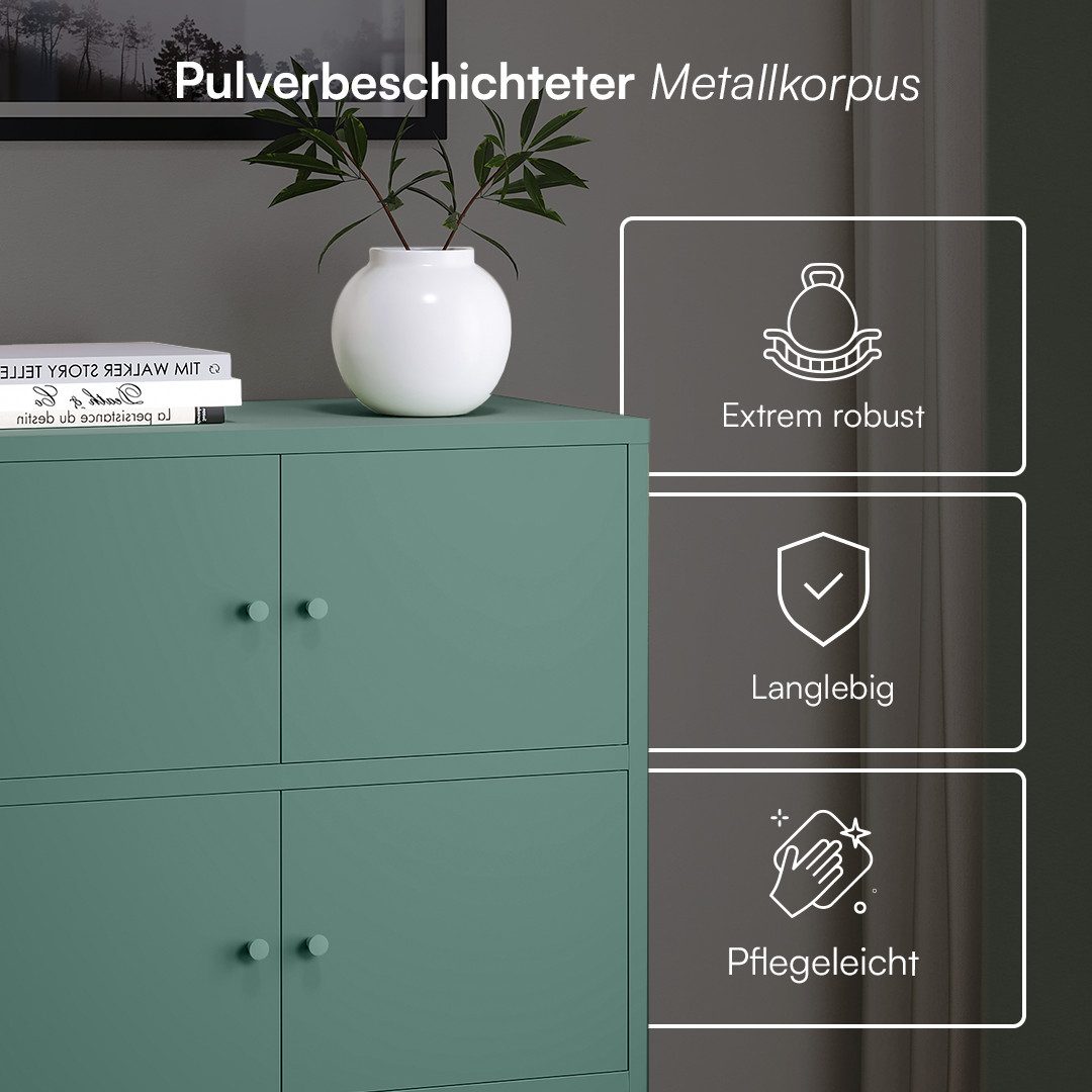 skølm Kommode Atriona aus Metall (Dunkelgrün, 3 Fächer & 6 Türen), Metallschrank 113,5 x 80 x 38 cm, auch verfügbar mit 2 Fächern