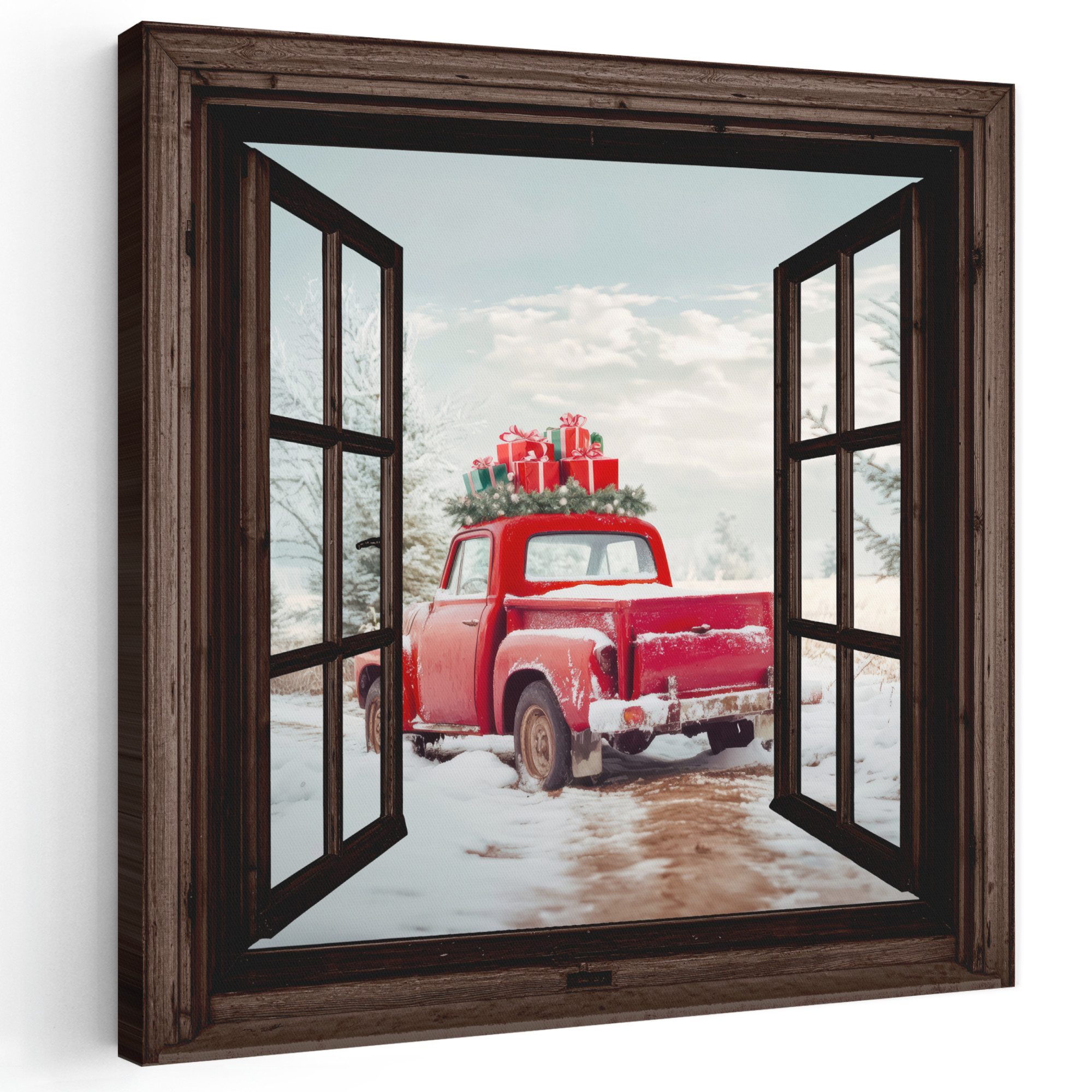 OneMillionCanvasses® Leinwandbild Fensterblick - Auto - Rot - Winterlandschaft - Weihnachten, Fotodruck (1 St), Wandbild, Deko Schlafzimmer Wohnzimmer Flur 20x20 cm