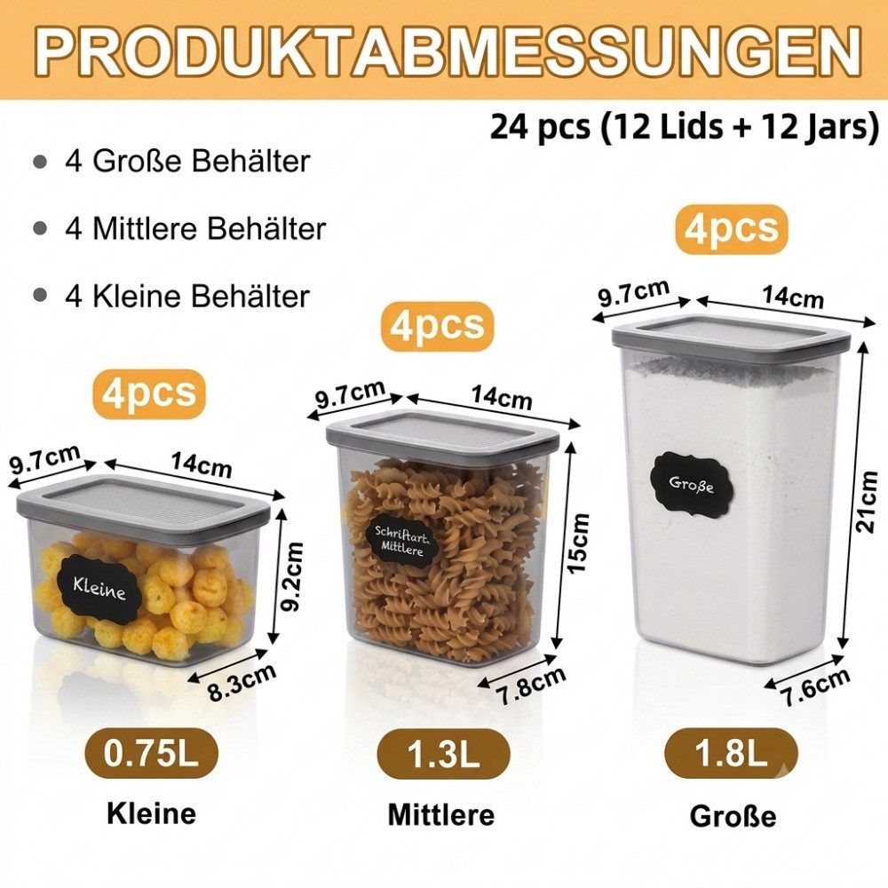 Athlix Vorratsdose Vorratsdosen-Set / Küchenorganisator (12 Dosen + 12 Deckel), (24-tlg), Leicht zu reinigen und mühelos zu handhaben