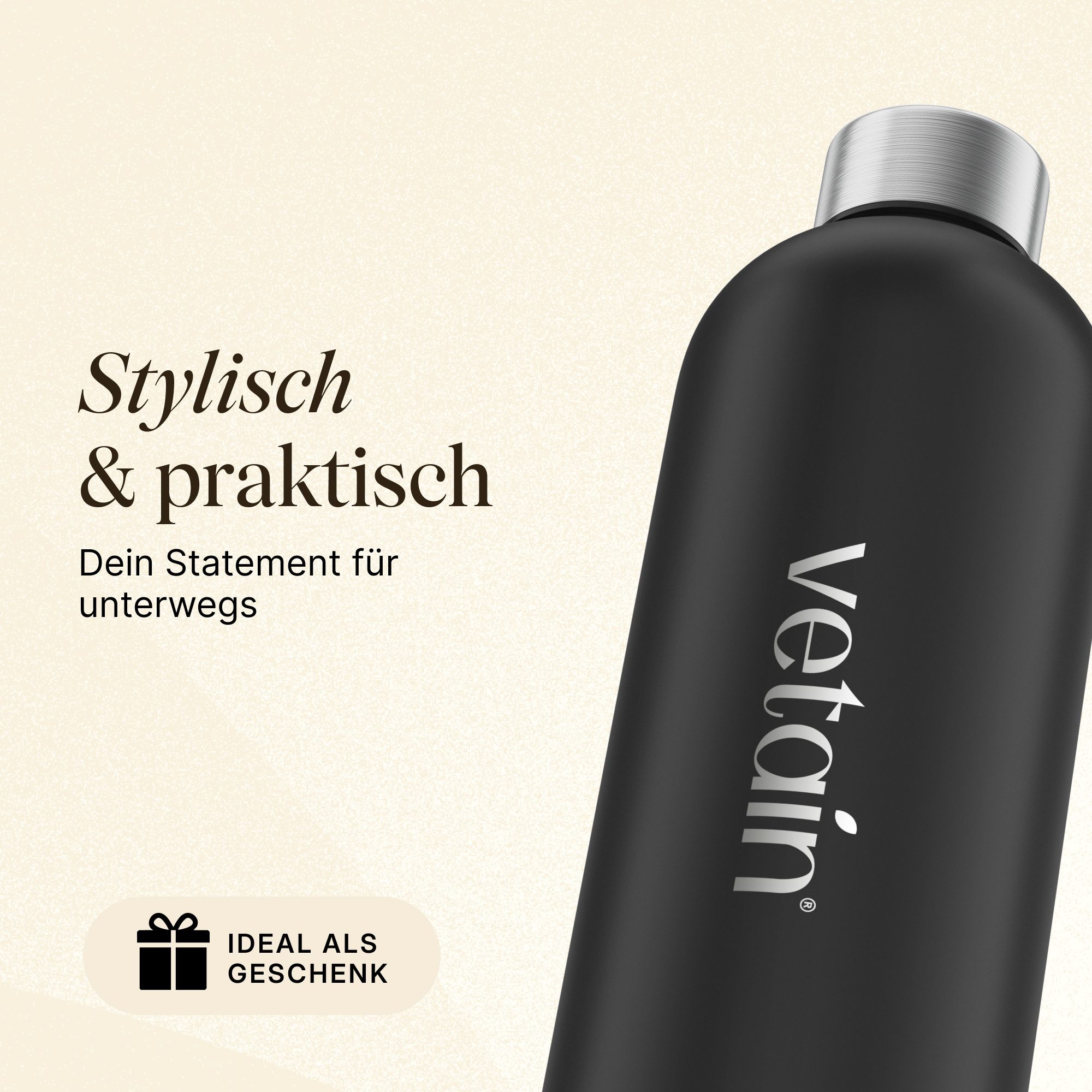 VETAIN Trinkflasche Edelstahl 1L, BPA-Frei - Kohlensäure geeignet - Isoliert - Auslaufsicher