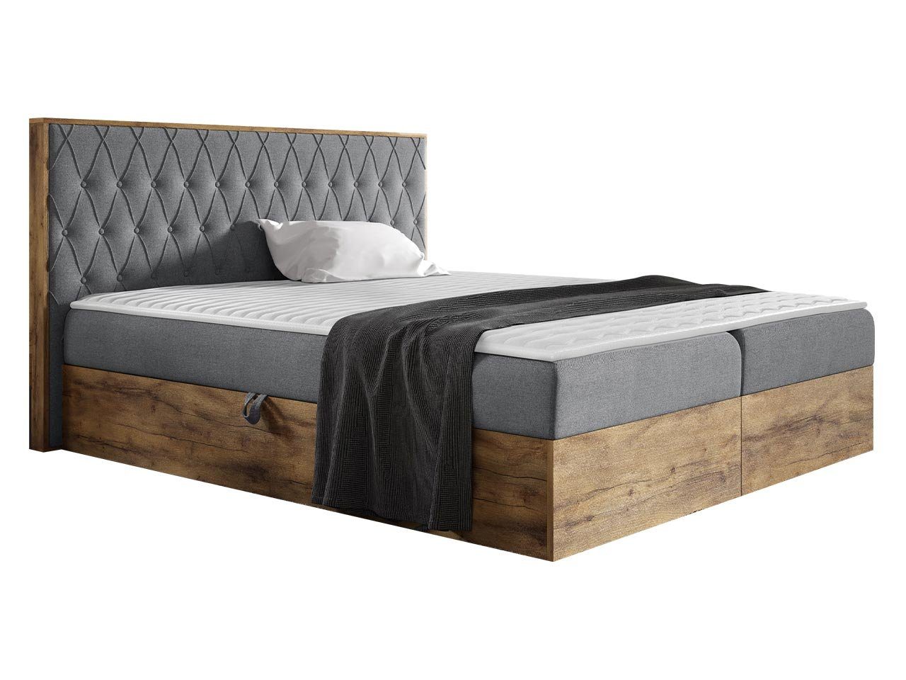 MIRJAN24 Boxspringbett Wood VI (mit zwei Bettkästen für die Bettwäsche), Polsterkopfteil, Topper, Bonellfederkern