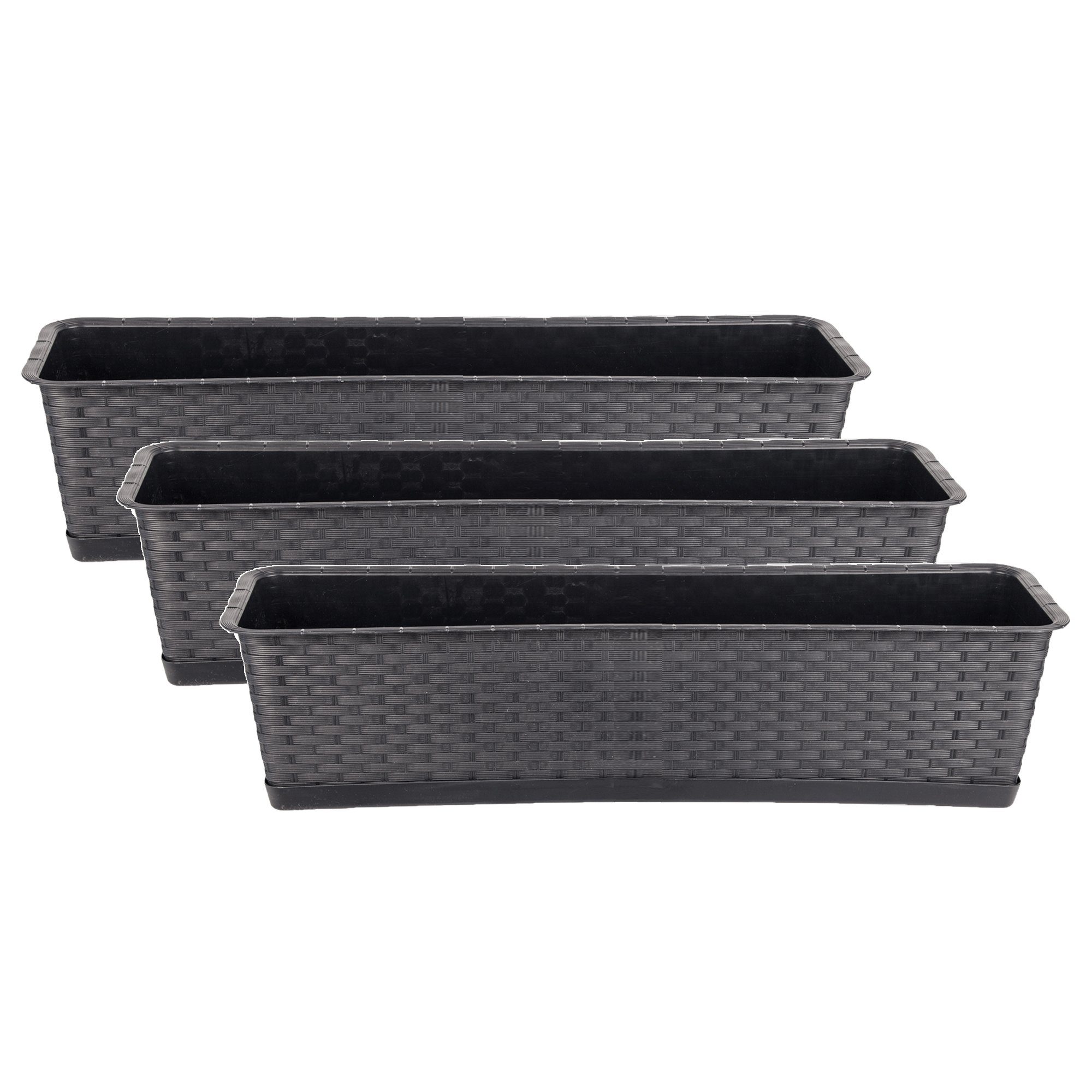 BigDean Blumenkasten 3er Set Pflanzkasten mit Untersetzer 70 cm lang Blumenkasten (Set, 3 St., Balkonpflanzkasten), BalkonPflanzkasten, Rattan-Optik, MIt Untersetzer, Robust