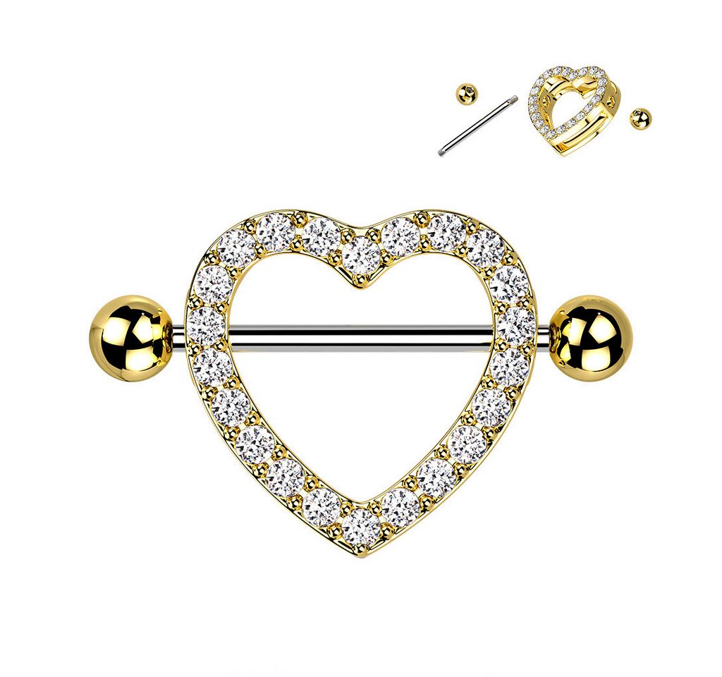 Taffstyle Intimpiercing Brustwarzenpiercing Kristall Herz mit Barbell Nippelpiercing filigran, Wunderschönes Brustpiercing Herz Schild mit funkelnden Kristallen