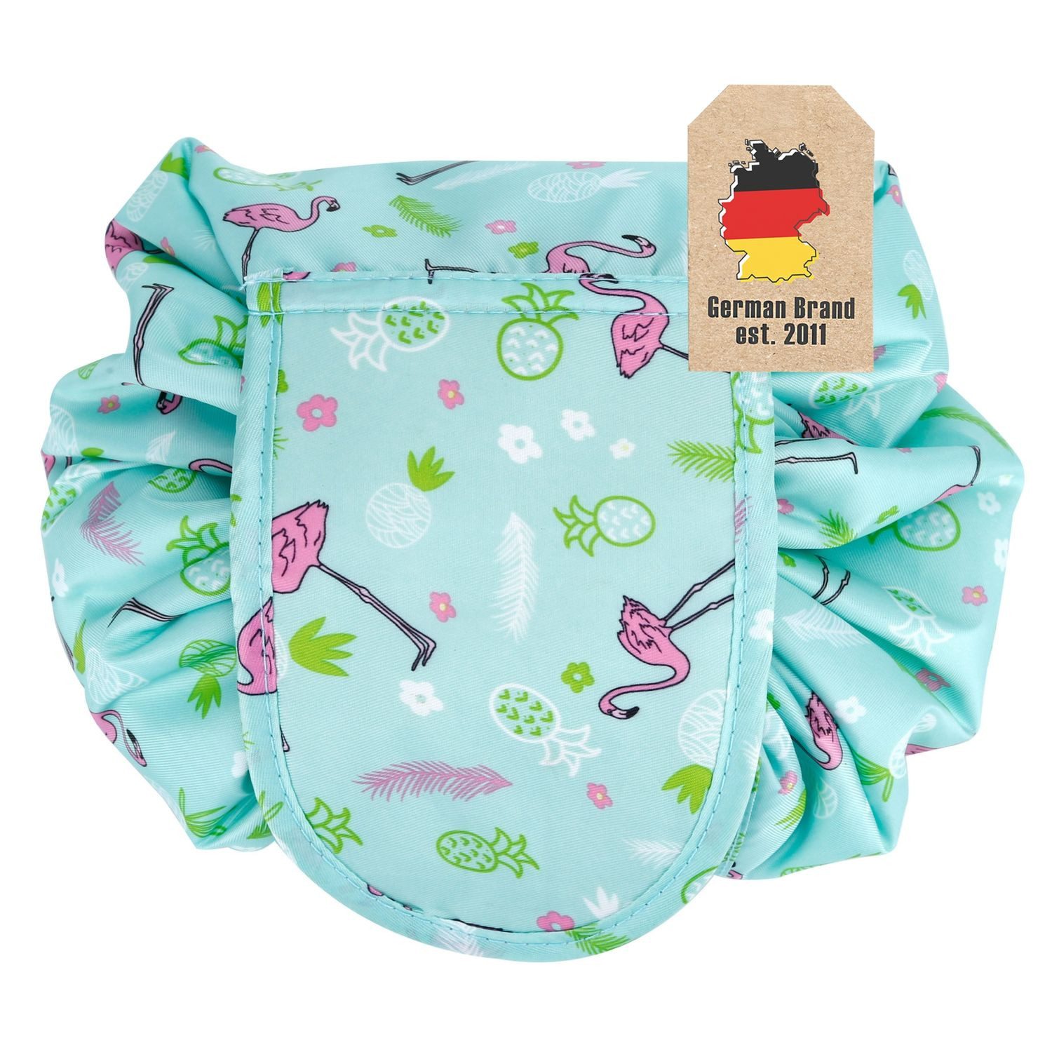 Intirilife Kosmetiktasche (Kulturbeutel mit Kordelzug in GRÜN ROSA FLAMINGO, 1-tlg), Runder One Step Kosmetikbeutel Kosmetiktasche