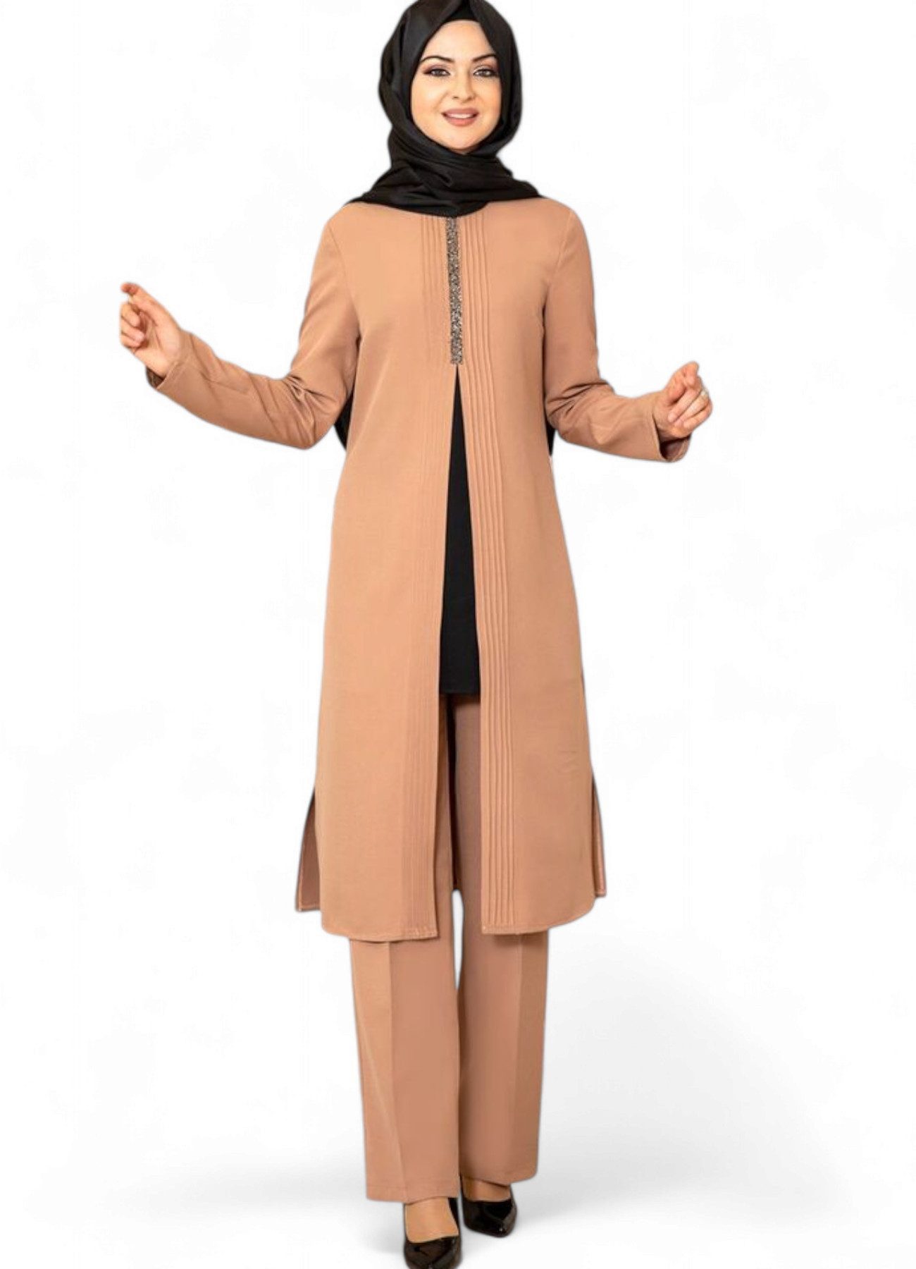 fashionshowcase Anzug Damen Zweiteiler - Gerippte Longtunika mit Hose - Modest Fashion