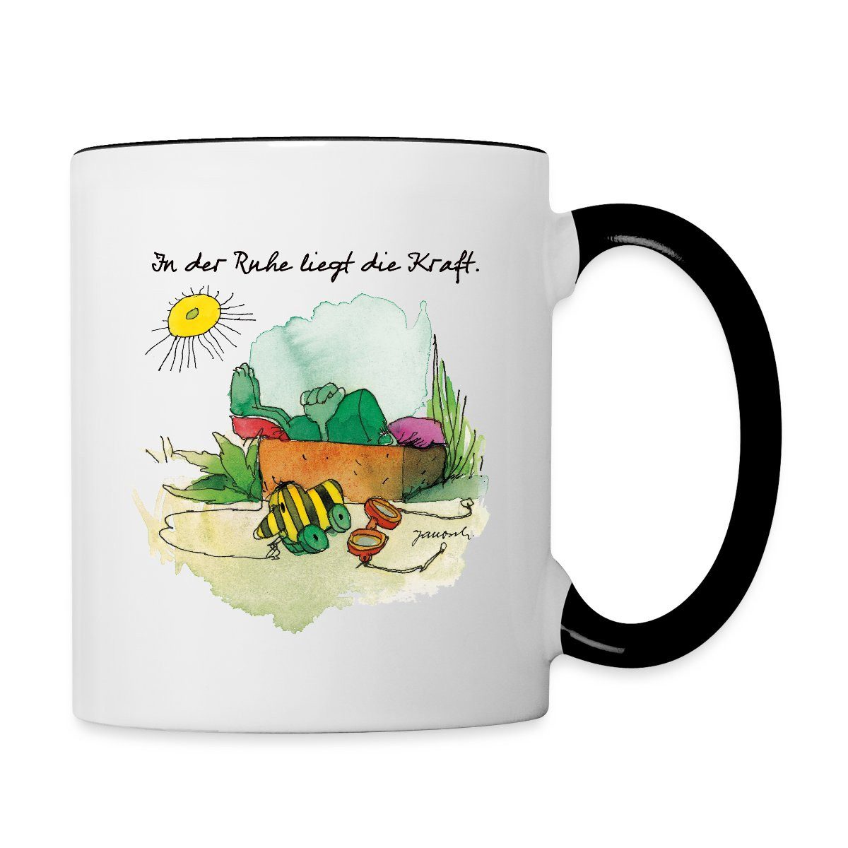 Spreadshirt Tasse Janosch Günter Kastenfrosch Tigerente Tasse Zweifarbig, Keramik
