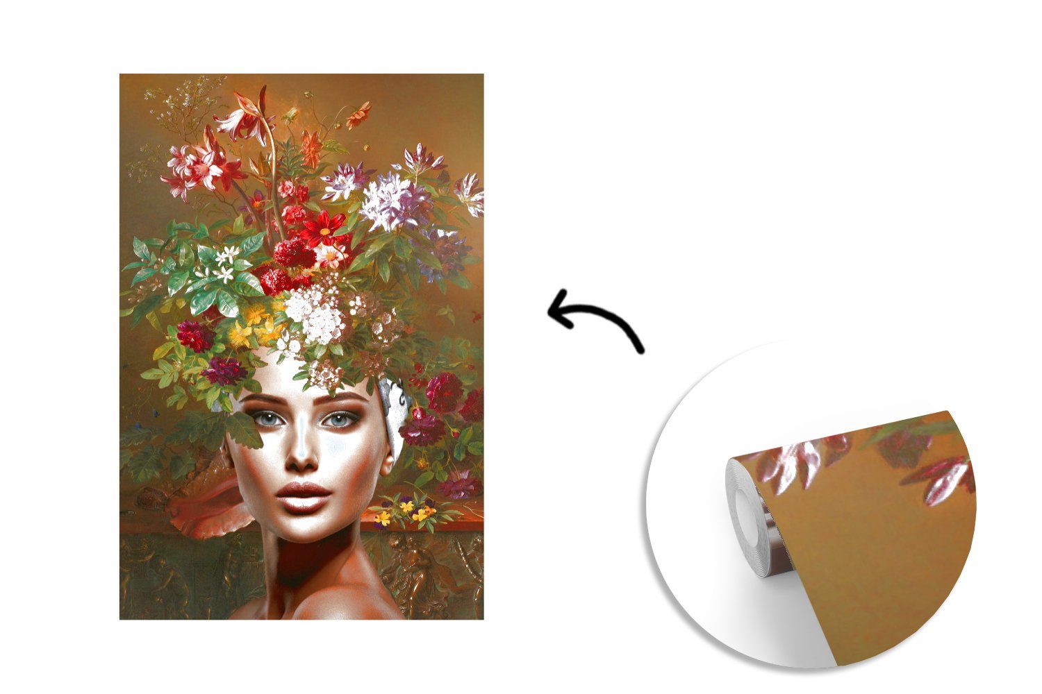 Montagefertig Farben, - - für Tapete Wohnzimmer, Vinyl MuchoWow St), (3 Wandtapete Matt, Frau bedruckt, Fototapete Blumen
