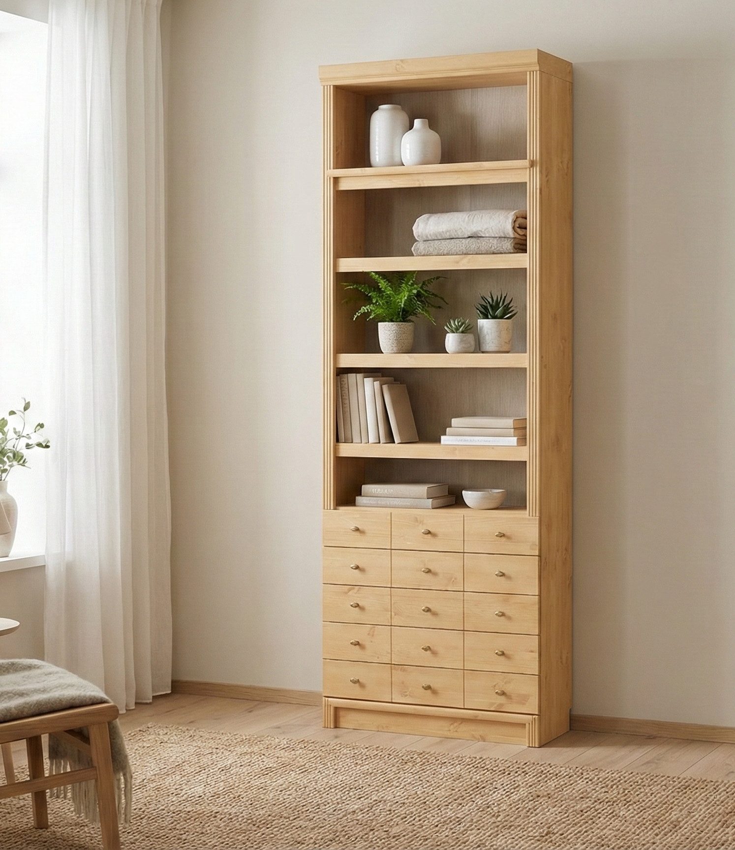 Home affaire Bücherregal Soeren Regal mit 5 breiten Schubkästen in geteilter Optik, T/H: 80/29/220 cm, Kiefer FSC®-zertifiziert, elegante Metallgriffe
