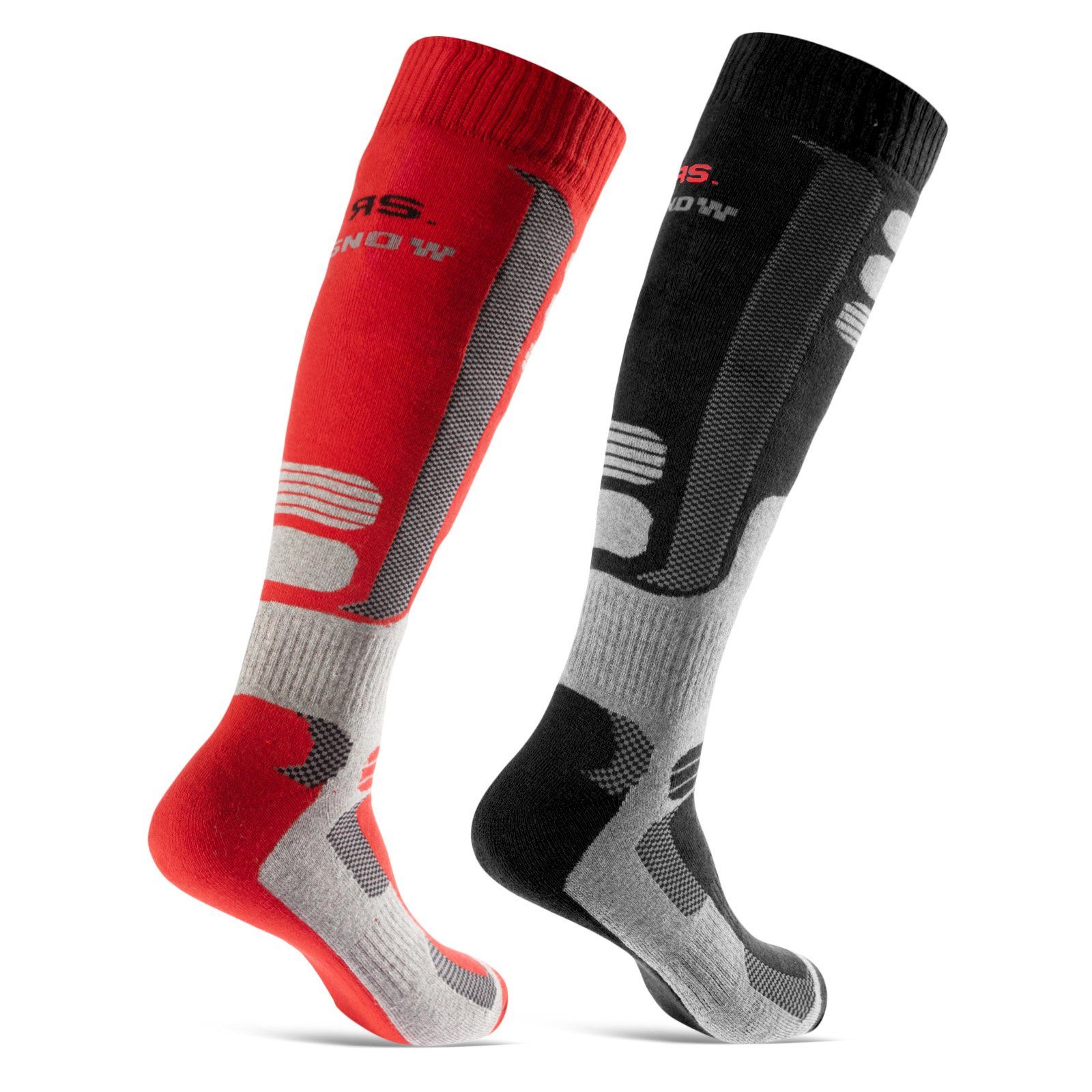sockenkauf24 Skisocken 2 Paar Ski Strümpfe Herren & Damen Ski Socken lang (Schwarz/Rot, 43-46) Atmungsaktiv - 42816