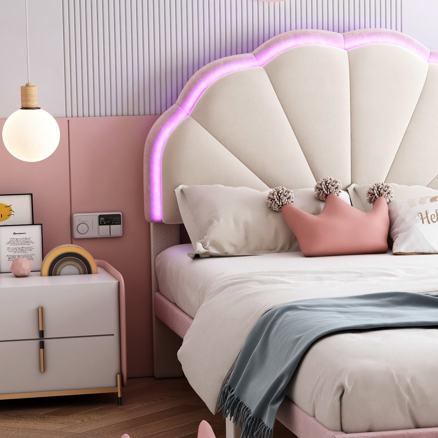 Beine Flieks Kinderbett Beleuchtung runden Polsterbett, 90x200cm mit Einzelbett Samt LED