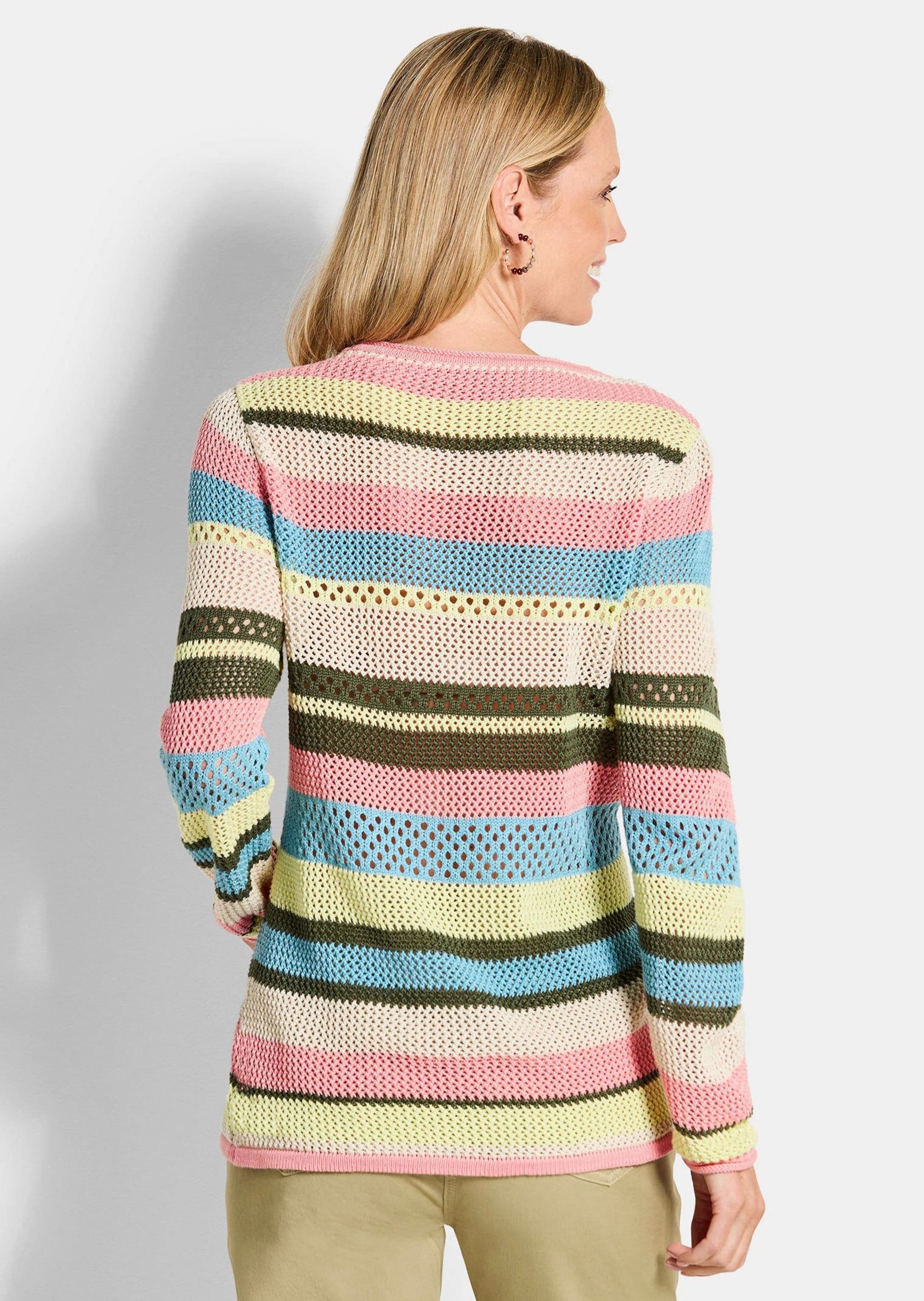 GOLDNER Strickpullover Ringelpullover mit Lochmuster Baumwollpullover mit U-Boot-Ausschnitt, Rollkante und Langarm