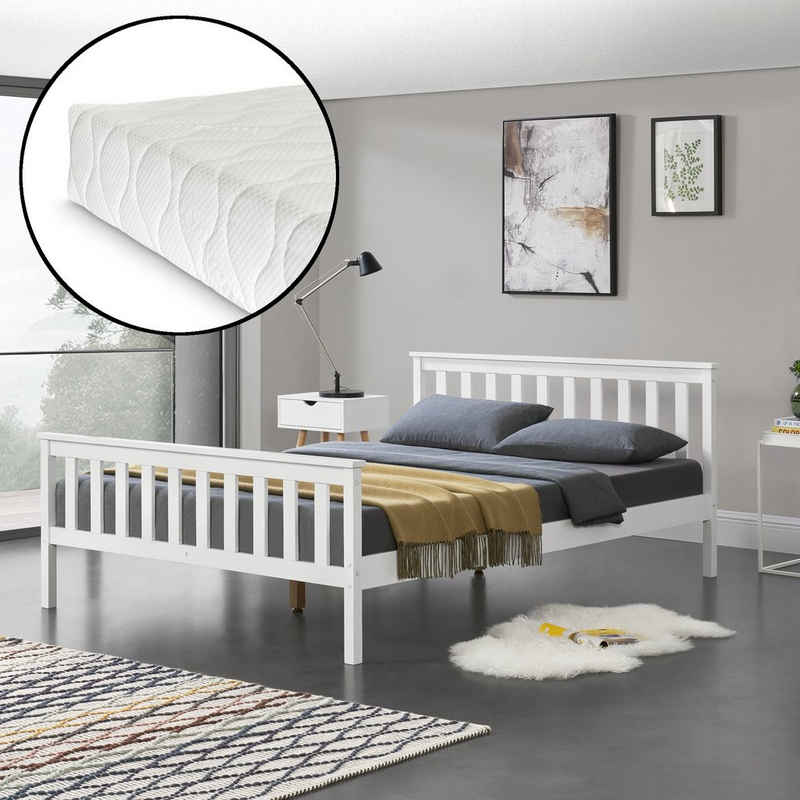 en.casa Massivholzbett (aus massiver Kiefer), »Växjö« Doppelbett mit Matratze Weiß 140 x 200 cm