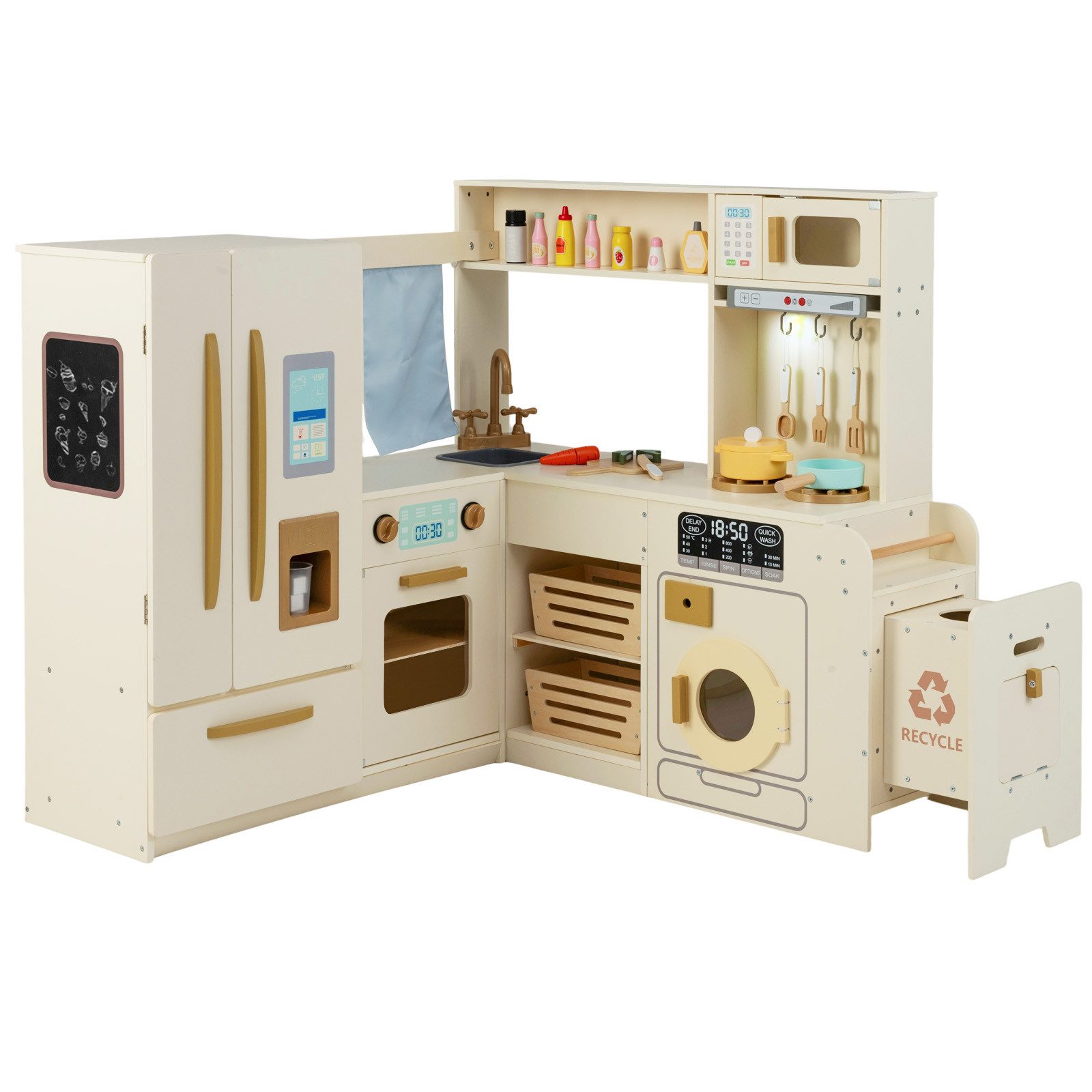 COSTWAY Spielküche Holz, Eck-Spielküche mit Doppeltür-Kühlschrank, Mikrowelle