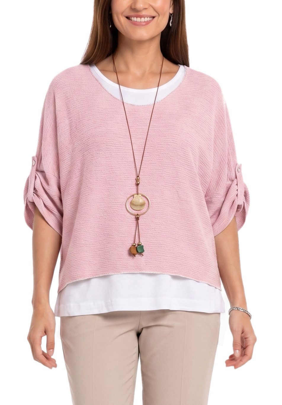 dy_mode Blusenshirt Damen Blusenshirt Oberteil 2-in-1 Lagenlook Shirt Fledermausärmel 2-teilige Set, inkl. Halskette, Fledermausärmel