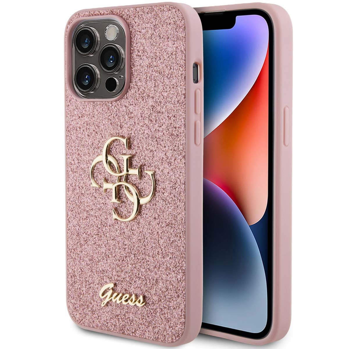 Guess Backcover Guess 4G Metal Logo Back Cover mit Glitter Apple iPhone 15 Pro Max - R