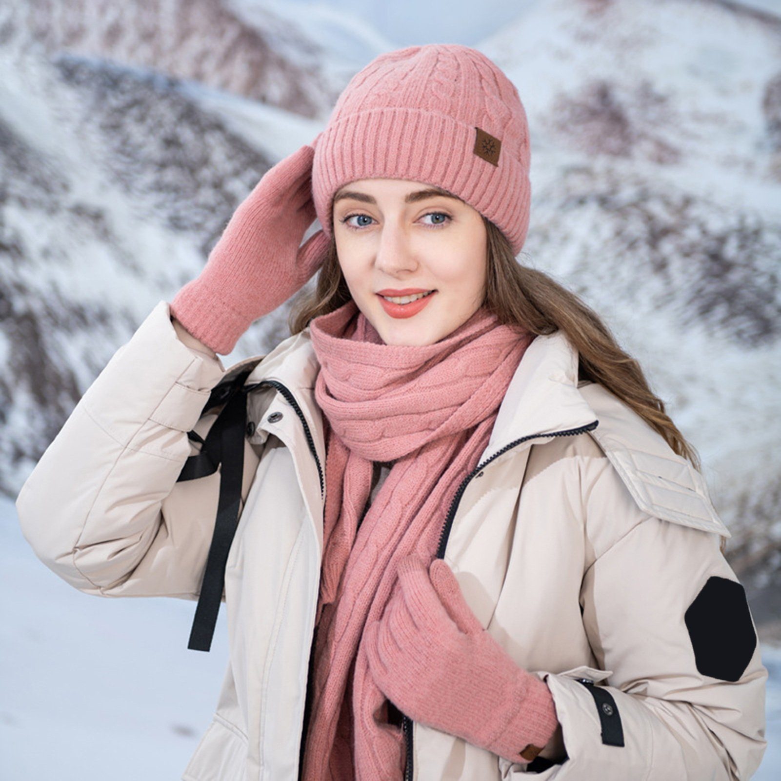 Rutaqian Beanie Winter Warm Beanie Mütze Schal und Touchscreen Handschuhe Set (Der Durchmesser des Hutes beträgt 22,5 cm, was etwas größer sein wird, Dreiteiliges, kältebeständiges, warmes Fleece-Set für den Außenbereich) für Herren und Damen (große Größe) Rosa