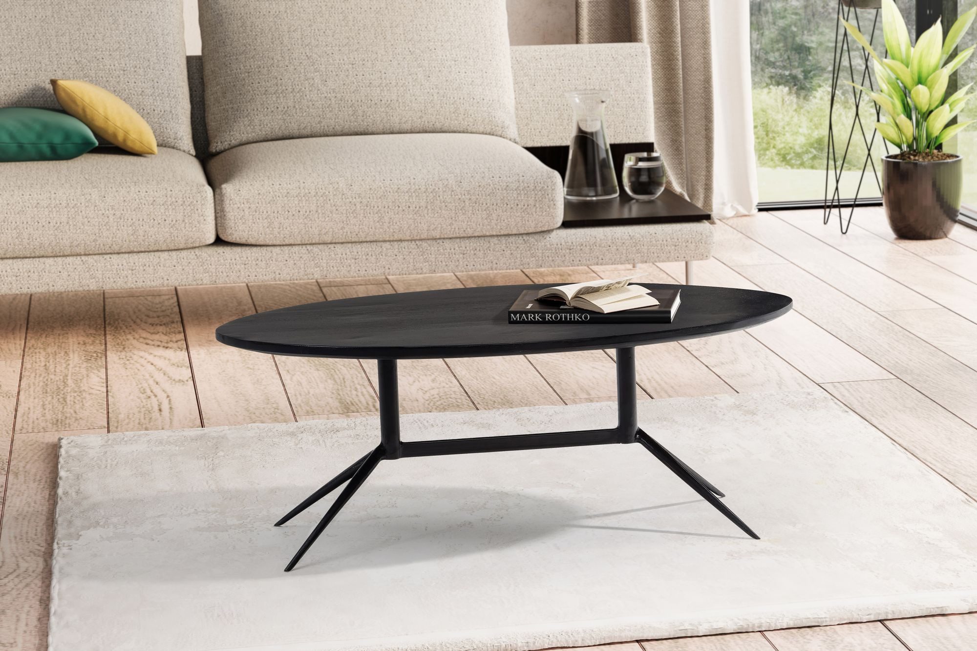 Wohnling Couchtisch WL6.845 Wohnzimmertisch Massivholz 90 cm Sofatisch Tisch Oval Moder (Sofatisch Mango Massivholz Schwarz, 90x50x35 cm), Wohnzimmertisch Kaffeetisch mit Metall-Gestell