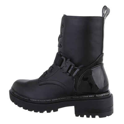 Ital-Design Damen Schnürschuhe Freizeit Stiefelette Blockabsatz Plateaustiefeletten in Schwarz