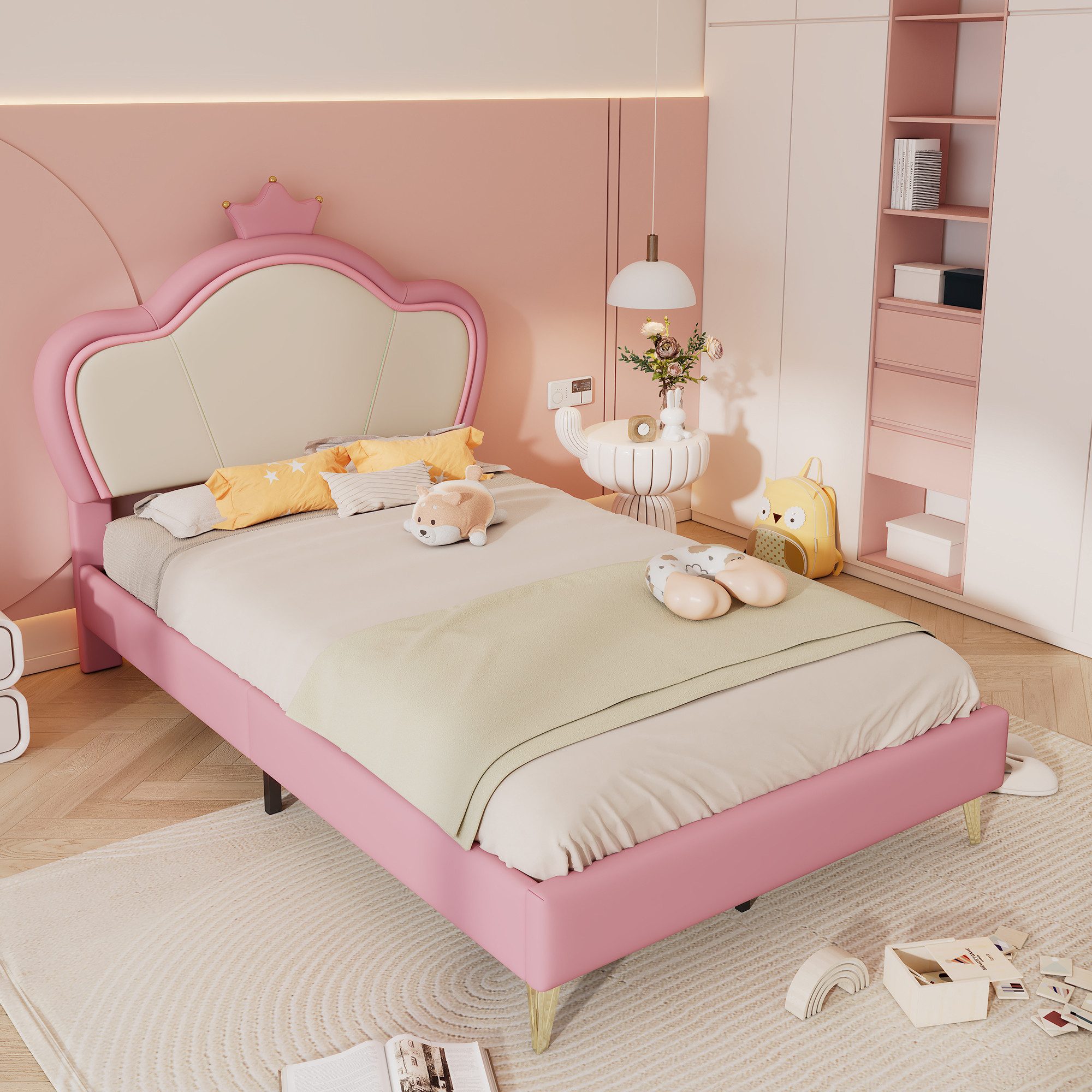 TavilaEcon Prinzessinbett gepolstertes Kopfteil, weiche Kanten, Metallfüße (1-tlg), Rosa+Weiß, 90x200 cm