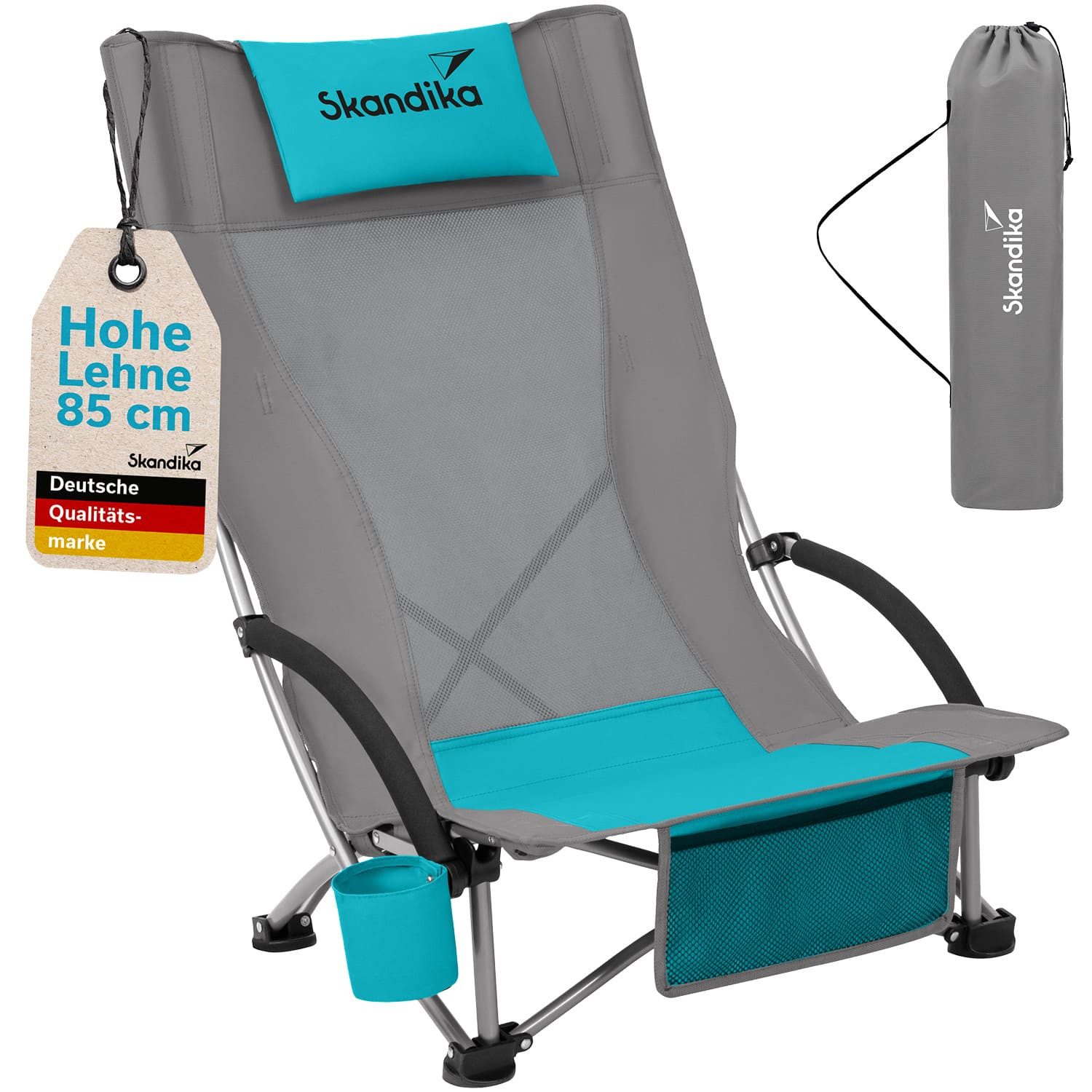 Skandika Campingstuhl Beach, Strand Stuhl, Hohe Rückenlehne, Klappstuhl, max. 136 kg (Extra breite Füße, Organizer-Tasche, robuste Stahlgestell), mit atmungsaktivem Mesh, Getränkehalter, Vordertasche, Kopfkissen