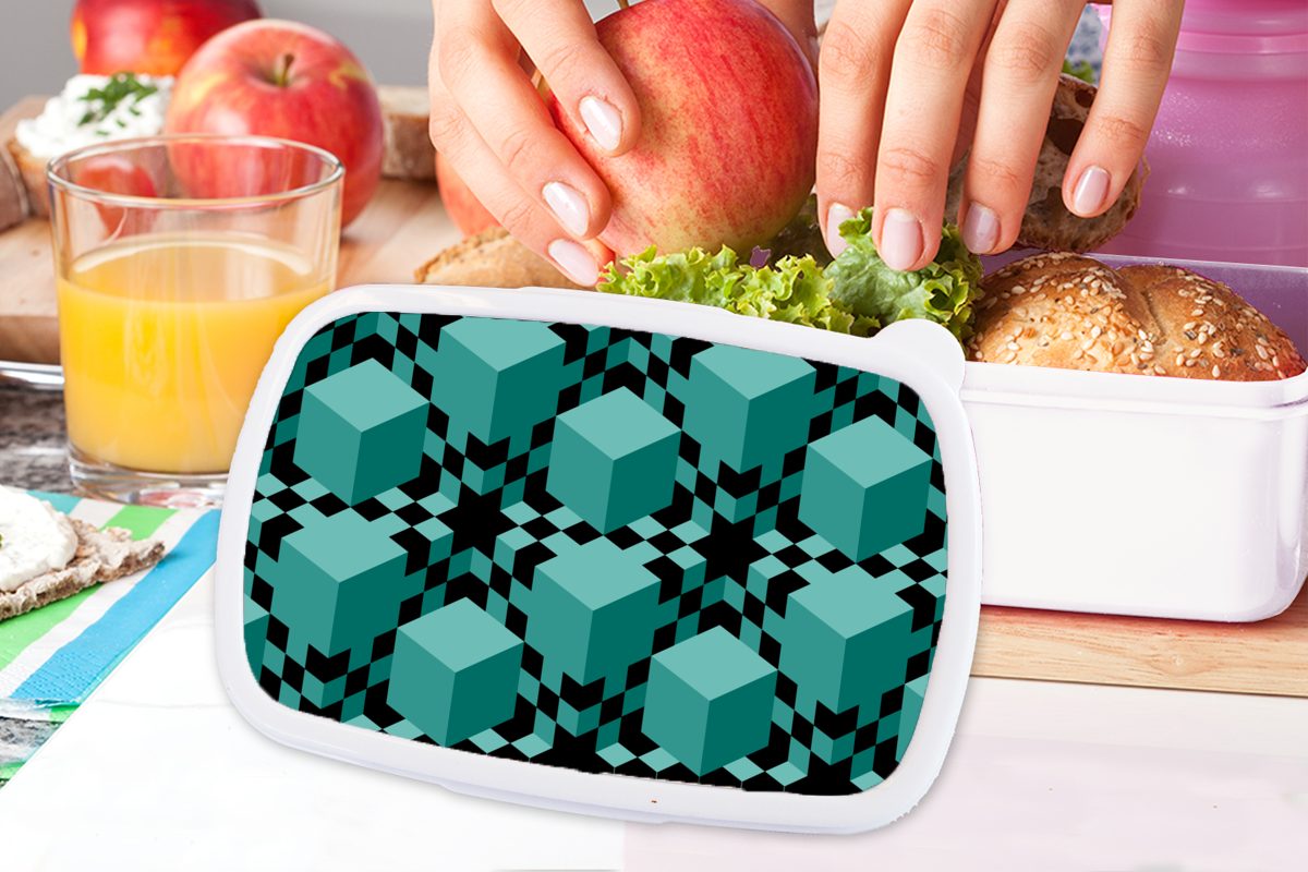 MuchoWow Lunchbox 3D Erwachsene, für Muster, und Blöcke und Jungs Brotdose, Mädchen (2-tlg), Kinder - - weiß für Brotbox Kunststoff