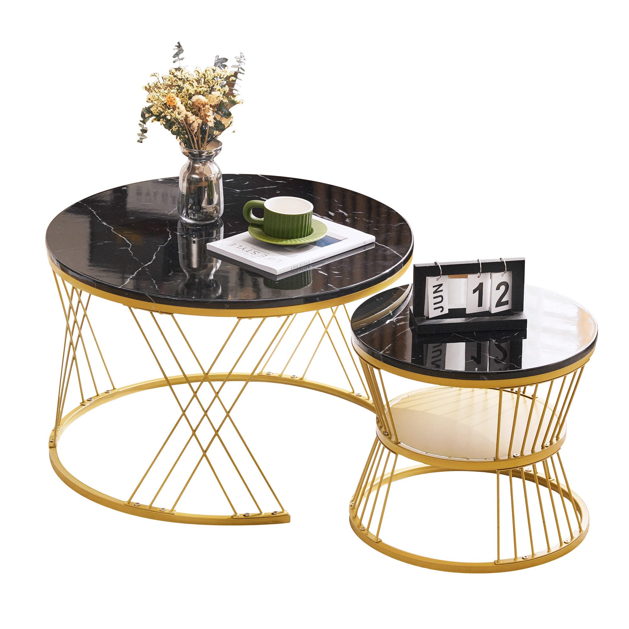 Fine Life Pro Vorratsschrank Nesting Couchtisch-Set rund – Hochglanz Marmormuster & platzsparend