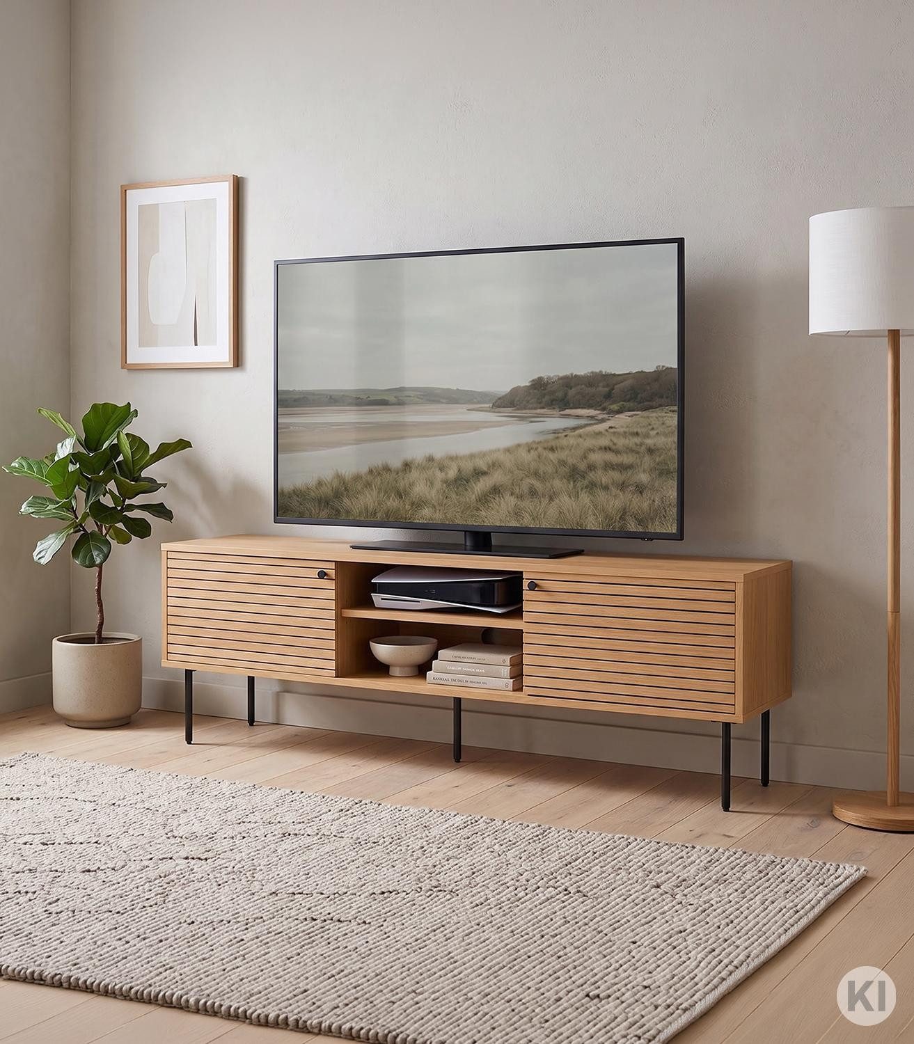 House Nordic Lowboard KYOTO, 2 Türen, Braun, Eichenholzfurnier, MDF, 2 Ablagefächer mit je 1 Kabeldurchlass, B 150 x H 50 x T 40 cm