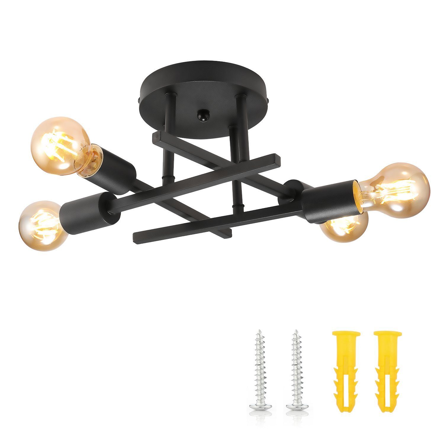 4-Flammig, E27 LED Deckenlampe Retro LETGOSPT wechselbar, Deckenleuchte Vintage Matt-Schwarz Lampe Deckenleuchten Industrial
