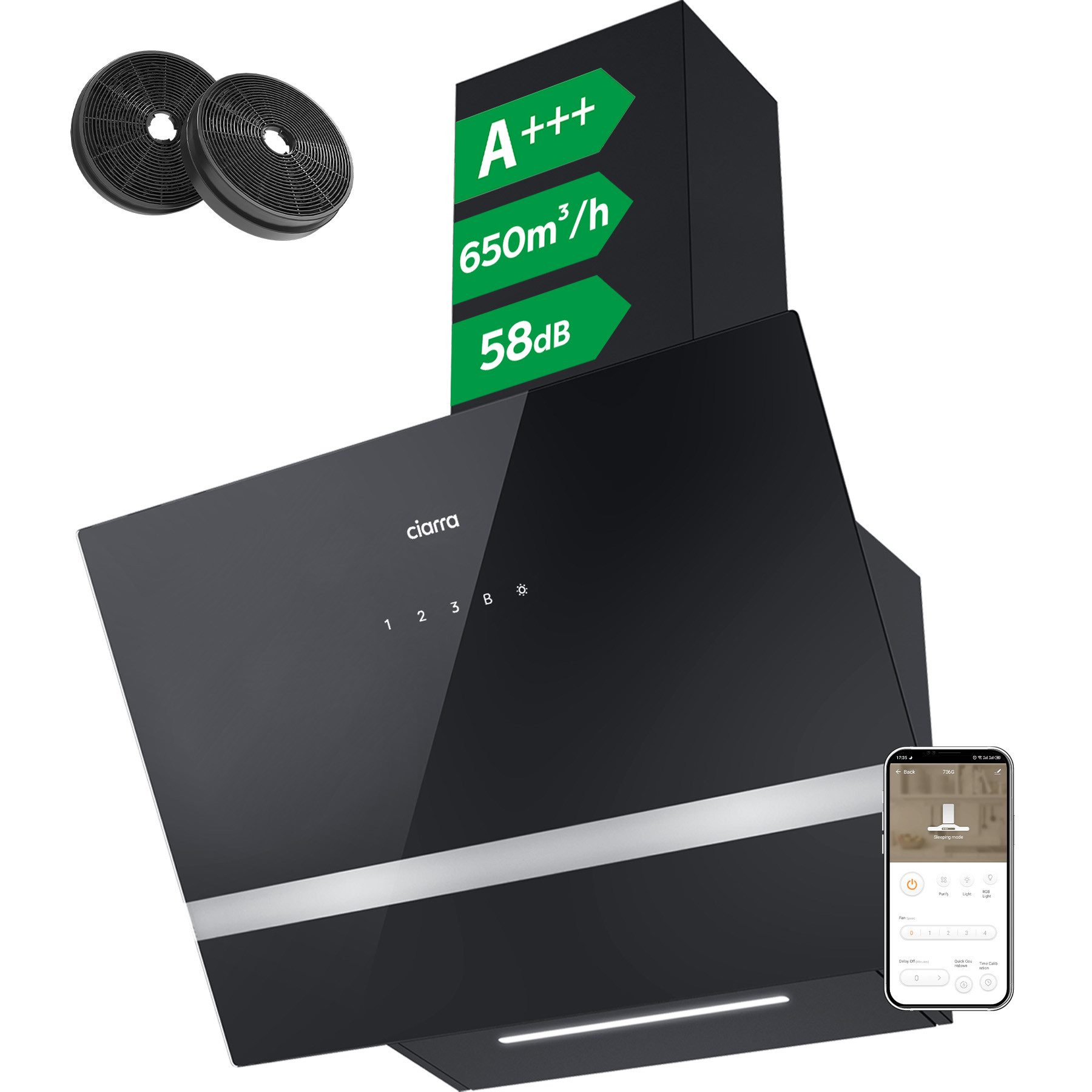 CIARRA Kopffreihaube 60 cm A+++ 650 m³/h Schräghaube leise Umluft & Abluft LED VM6736HB 60 cm A+++ 650 m³/h Schräghaube leise Umluft & Abluft LED VM6736HB, Kopffrei Dunstabzugshaube WIFI-APP Touch Control Inkl. BOOST 4 Stufen
