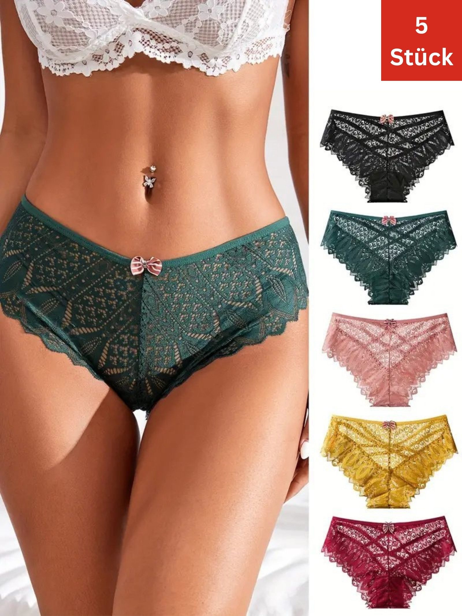 Elegant Love Taillenslip Damen Dessous Slip, sexy Unterwäsche in Spitzenoptik, Panties (Set, 5-St., 5er-Pack) Tanga High Waist, Höschen Lingerie für Damen