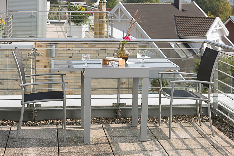 MERXX Balkonset Milano, 3-tlg., 2 Stapelsessel, Tisch 65(130)x65 cm, Alu/Te günstig online kaufen