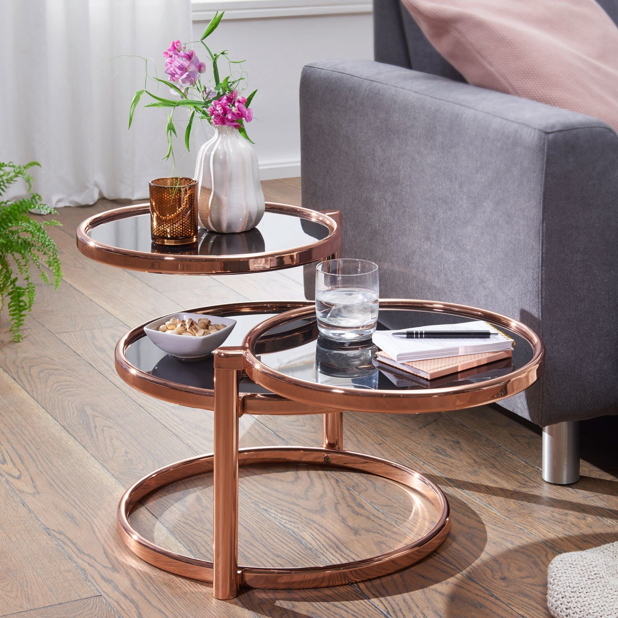 Wohnen flexibles | stylisches Satztisch für Runder Bronze Ebenen mit & Glastisch 3 Bronze DESIGN KADIMA