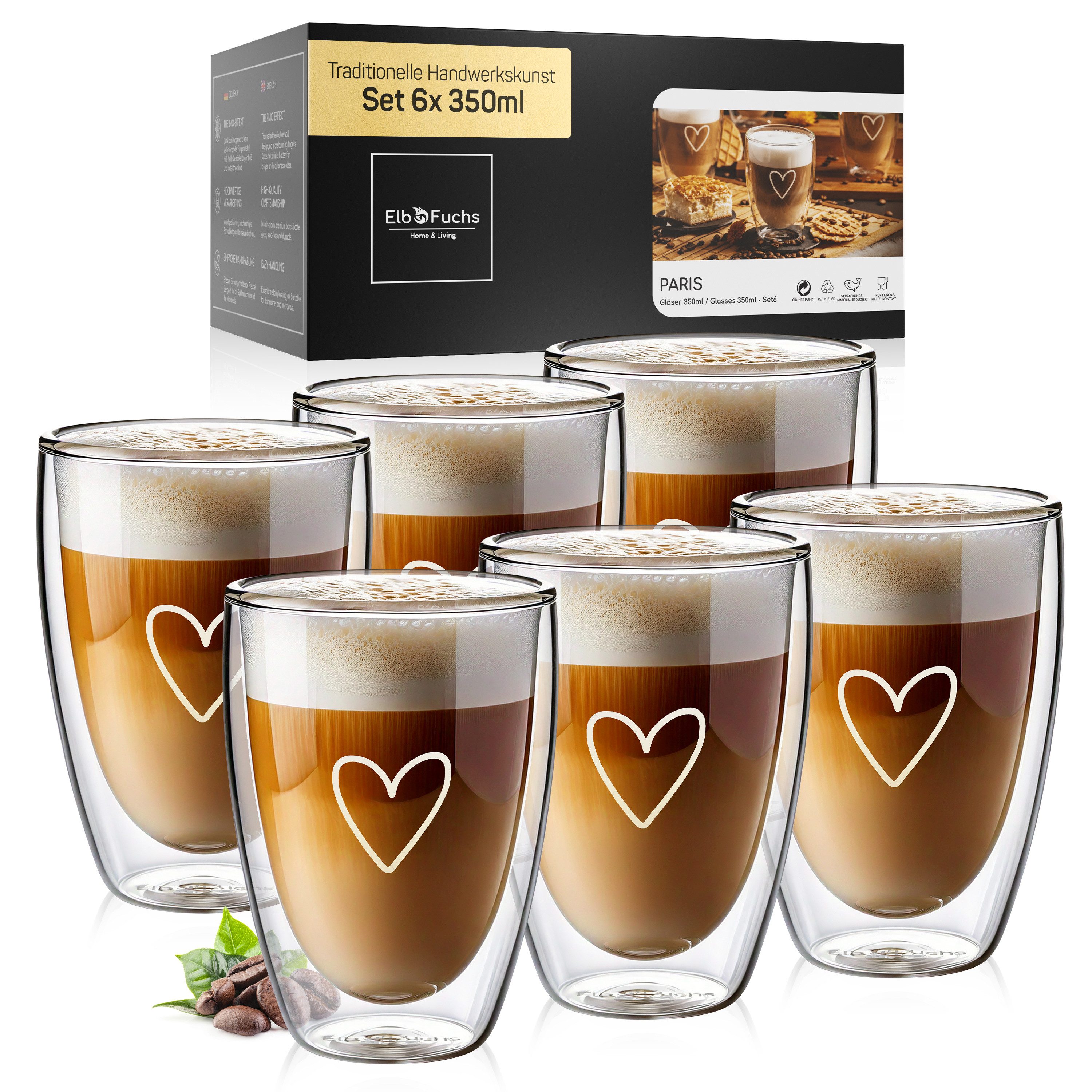 ElbFuchs Latte-Macchiato-Glas Paris, 350 ml, Borosilikatglas, 6-tlg., Doppelwandiger Thermoeffekt