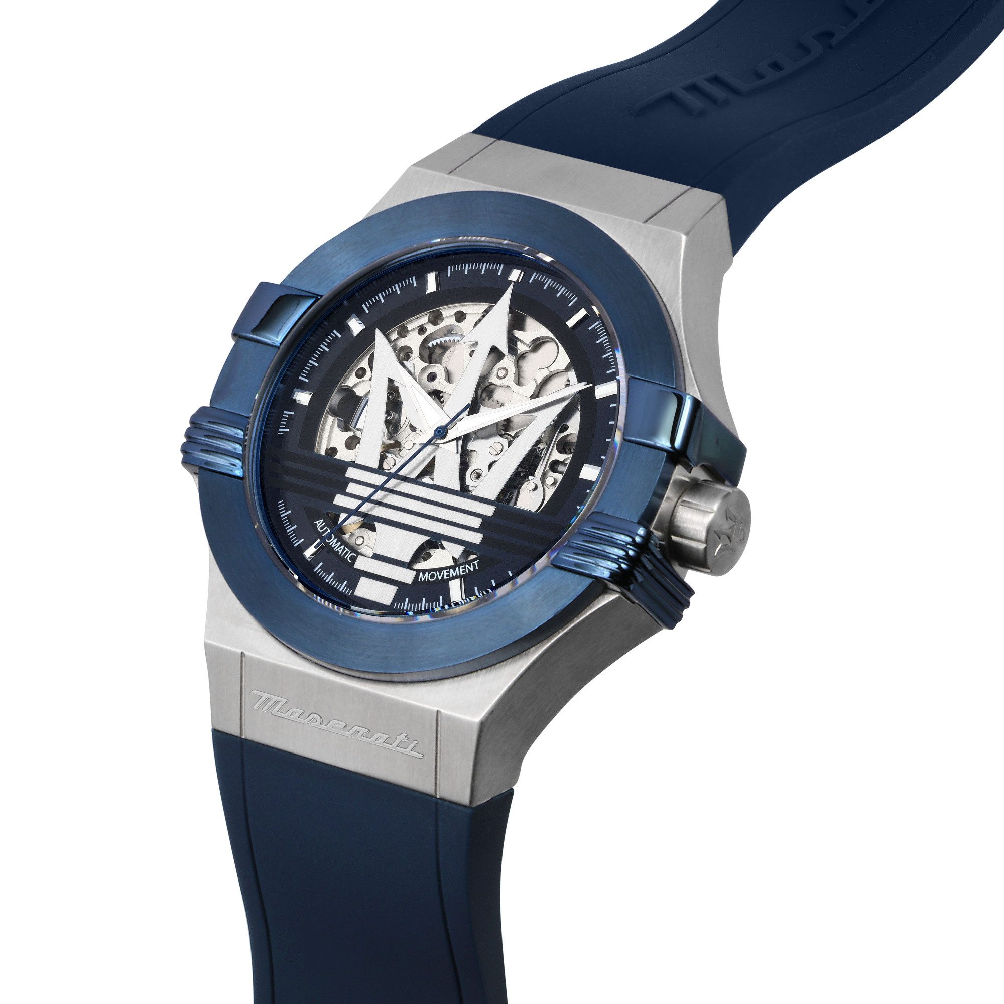 MASERATI Automatikuhr Potenza R8821108050, 42 mm – Herrenuhr mit skelettiertem Zifferblatt, & blauem Silikonband