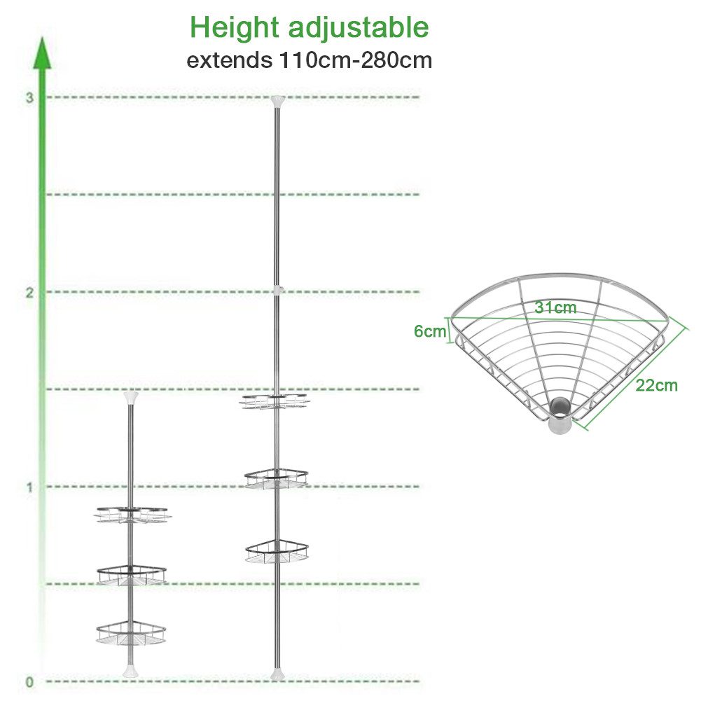 JEOBEST Duschablage Duschregal Edelstahl, Duschregal Teleskop Duschregal, Eckregal Bad, Höhenverstellbar 110-280cm