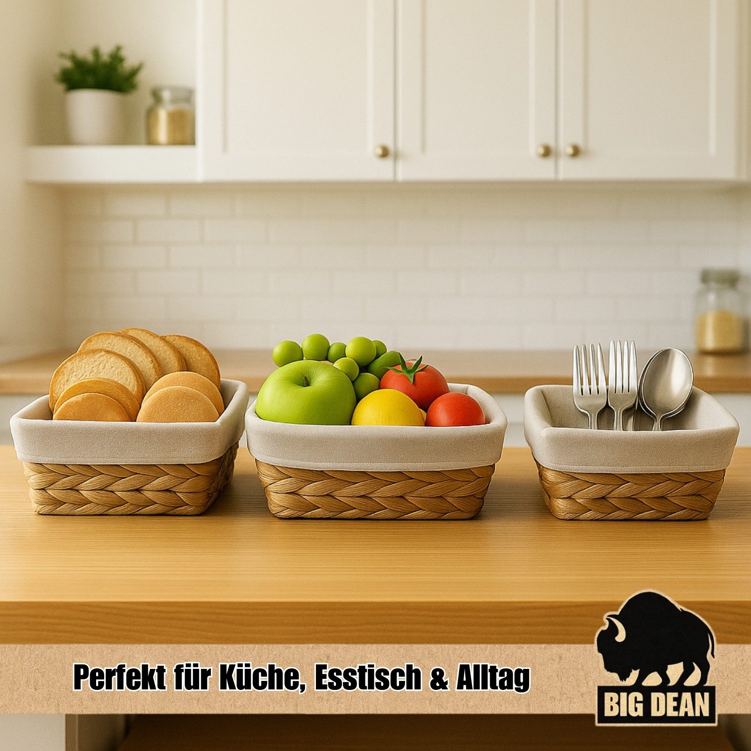 BigDean Brotkorb 3er Set Brötchenkorb Brotkörbchen Brotkorb modern geflochten, Wasserhyazinthe, (Packung, 3-tlg., Brotkörbchen), Flechtkorb, Seegras, Leintuch, Natührlich