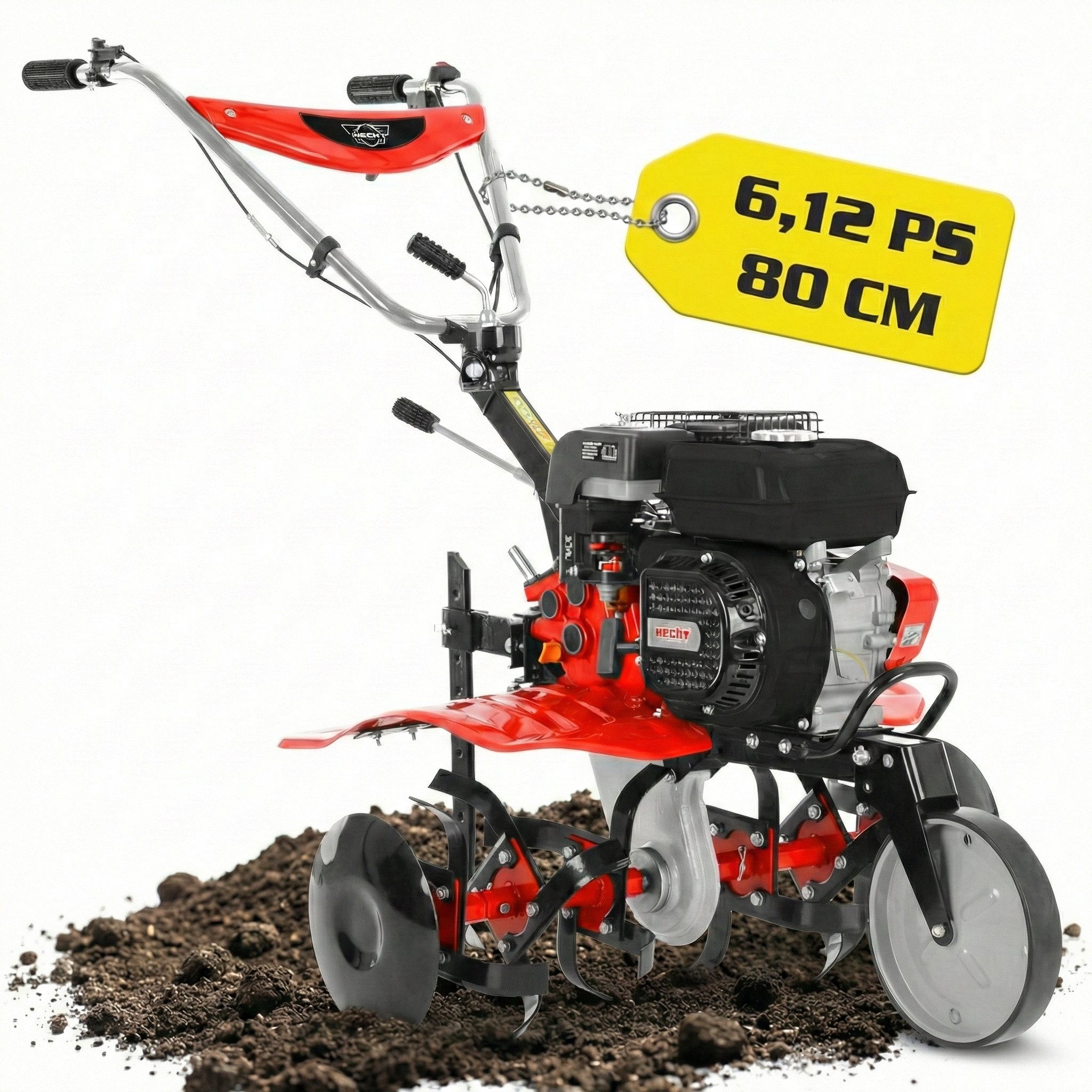 Hecht Benzinmotorhacke Gartenfräse 4,5kW 6,12PS 30cm Arbeitstiefe, 24 Messer, 80 cm Arbeitsbreite, Führungsrad, Tiefenmesser, Stahlgehäuse, Radsatz kompatibel