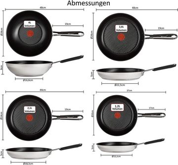 Tefal Pfannen-Set Jamie Oliver E30 Pfannen Set 20+24+28cm + Wok 28cm alle Herdarten, Edelstahl 18/10 (Inkl. 1 Wender & Filzschoner, Pfannenset mit Deckel, Bratpfannen Set, 7-tlg., Pfanne induktion, Pfannen für induktionsherd, Bratpfanne edelstahl), Ohne Fett / Öl braten, Säurebeständig, Hoher Rand, Backofenfest