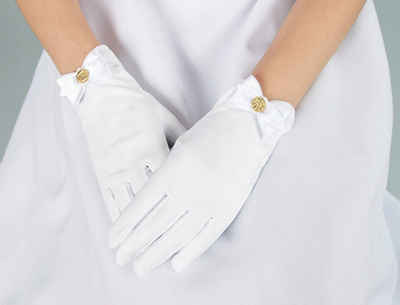 Festivalartikel Abendhandschuhe Elegante Kommunionhandschuhe für Mädchen weiß, voll, Schleife mit IHS