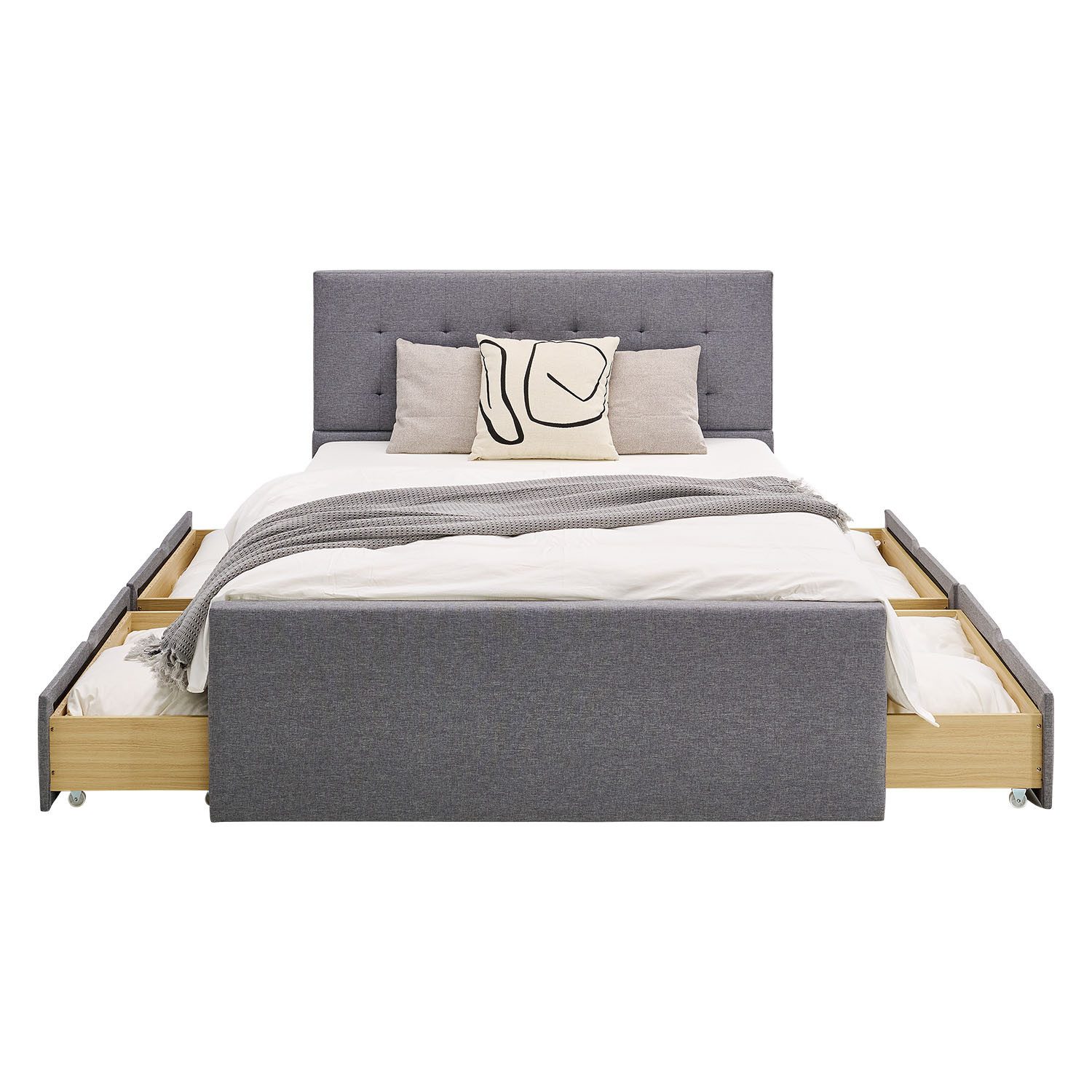 Homestyle4u Polsterbett 140x200 Bettgestell Doppelbett Polsterbett Grau mit Kopfteil (Set, mit Lattenrost, mit 4 Bettkästen/Schubladen), Stauraumbett