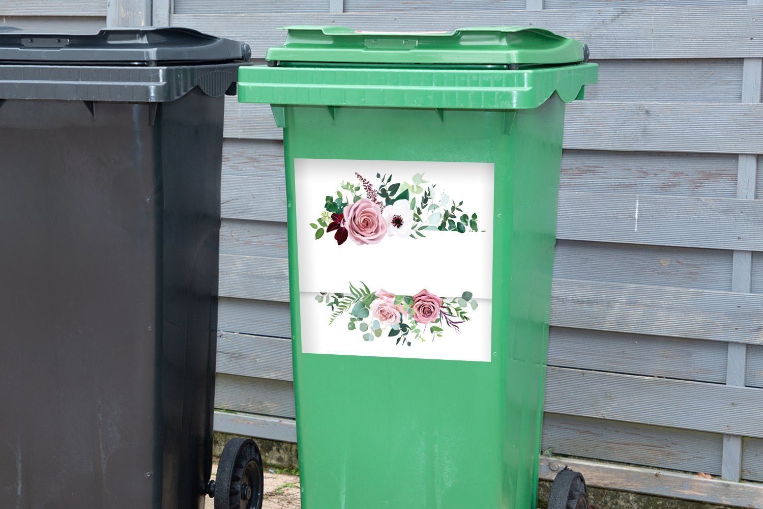 MuchoWow Wandsticker Blumen Abfalbehälter Container, Malerei - - (1 St), Mülltonne, Mülleimer-aufkleber, Rosen Sticker