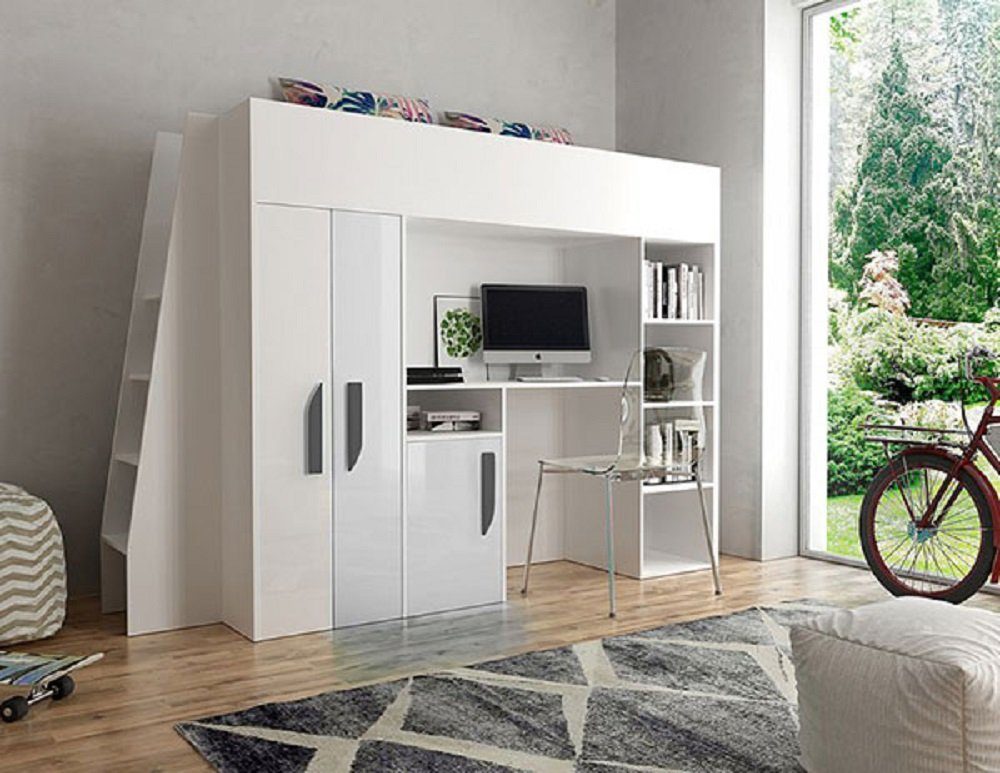 Feldmann-Wohnen Hochbett PARTY (Etagenbett, mit Schrank und Schreibtisch) Farbe wählbar weiß / weiß Hochglanz - Griffe grau